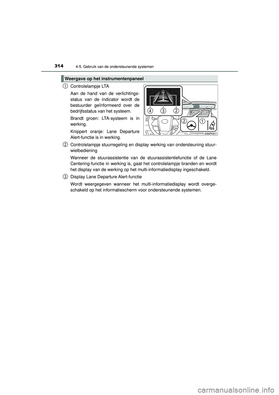 TOYOTA PRIUS 2022 Instructieboekje (in Dutch) 3144-5. Gebruik van de ondersteunende systemen
PRIUS_OM_OM47F03E_(EE)
Controlelampje LTA
Aan de hand van de verlichtings-
status van de indicator wordt de
bestuurder geïnformeerd over de
bedrijfsstat TOYOTA PRIUS 2022 Instructieboekje (in Dutch) 3144-5. Gebruik van de ondersteunende systemen
PRIUS_OM_OM47F03E_(EE)
Controlelampje LTA
Aan de hand van de verlichtings-
status van de indicator wordt de
bestuurder geïnformeerd over de
bedrijfsstat