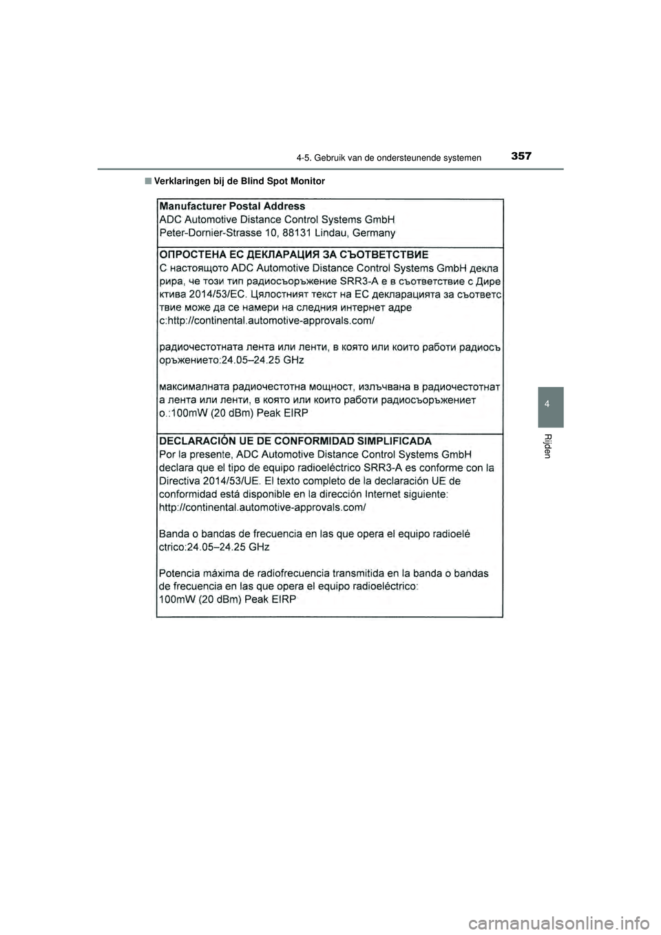 TOYOTA PRIUS 2022 Instructieboekje (in Dutch) 3574-5. Gebruik van de ondersteunende systemen
4
Rijden
PRIUS_OM_OM47F03E_(EE)■
Verklaringen bij de Blind Spot Monitor
PRIUS_OM_OM47F03E_(EE).book Page 357 Thursday, May 6, 2021 12:21 PM TOYOTA PRIUS 2022 Instructieboekje (in Dutch) 3574-5. Gebruik van de ondersteunende systemen
4
Rijden
PRIUS_OM_OM47F03E_(EE)■
Verklaringen bij de Blind Spot Monitor
PRIUS_OM_OM47F03E_(EE).book Page 357 Thursday, May 6, 2021 12:21 PM