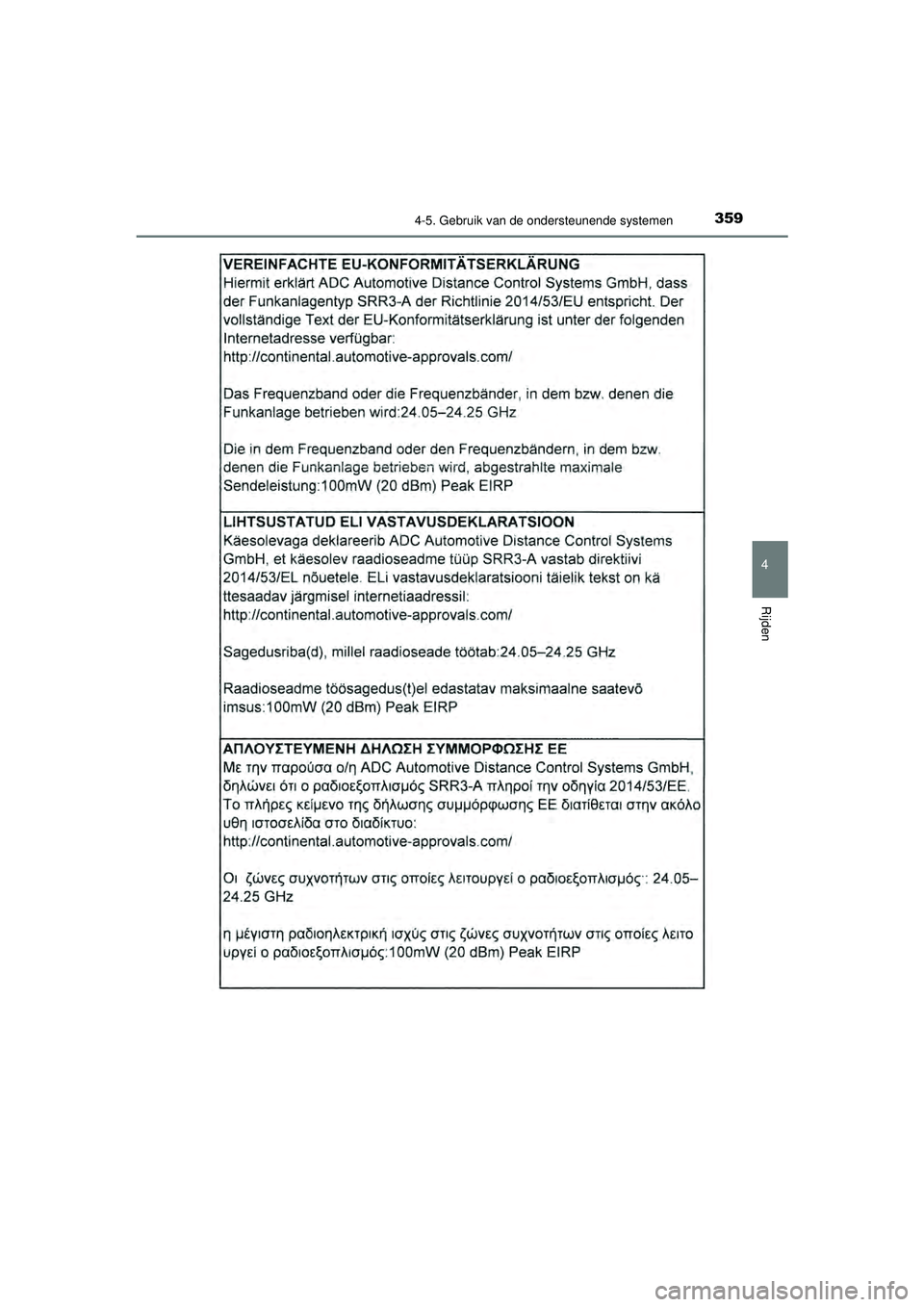 TOYOTA PRIUS 2022  Instructieboekje (in Dutch) 3594-5. Gebruik van de ondersteunende systemen
4
Rijden
PRIUS_OM_OM47F03E_(EE)
PRIUS_OM_OM47F03E_(EE).book  Page 359  Thursday, May 6, 2021  12:21 PM 