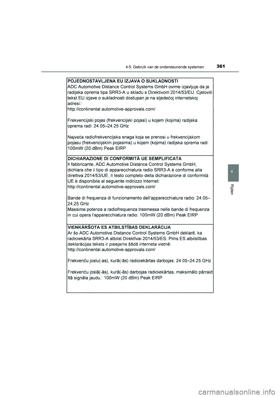 TOYOTA PRIUS 2022  Instructieboekje (in Dutch) 3614-5. Gebruik van de ondersteunende systemen
4
Rijden
PRIUS_OM_OM47F03E_(EE)
PRIUS_OM_OM47F03E_(EE).book  Page 361  Thursday, May 6, 2021  12:21 PM 