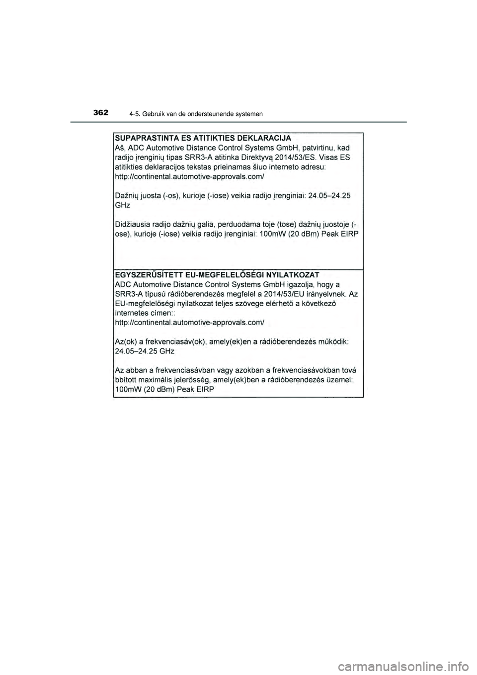 TOYOTA PRIUS 2022  Instructieboekje (in Dutch) 3624-5. Gebruik van de ondersteunende systemen
PRIUS_OM_OM47F03E_(EE)
PRIUS_OM_OM47F03E_(EE).book  Page 362  Thursday, May 6, 2021  12:21 PM 