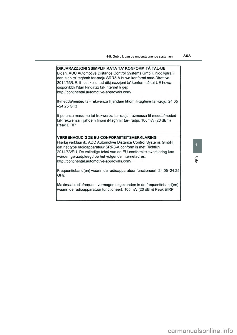 TOYOTA PRIUS 2022  Instructieboekje (in Dutch) 3634-5. Gebruik van de ondersteunende systemen
4
Rijden
PRIUS_OM_OM47F03E_(EE)
PRIUS_OM_OM47F03E_(EE).book  Page 363  Thursday, May 6, 2021  12:21 PM 