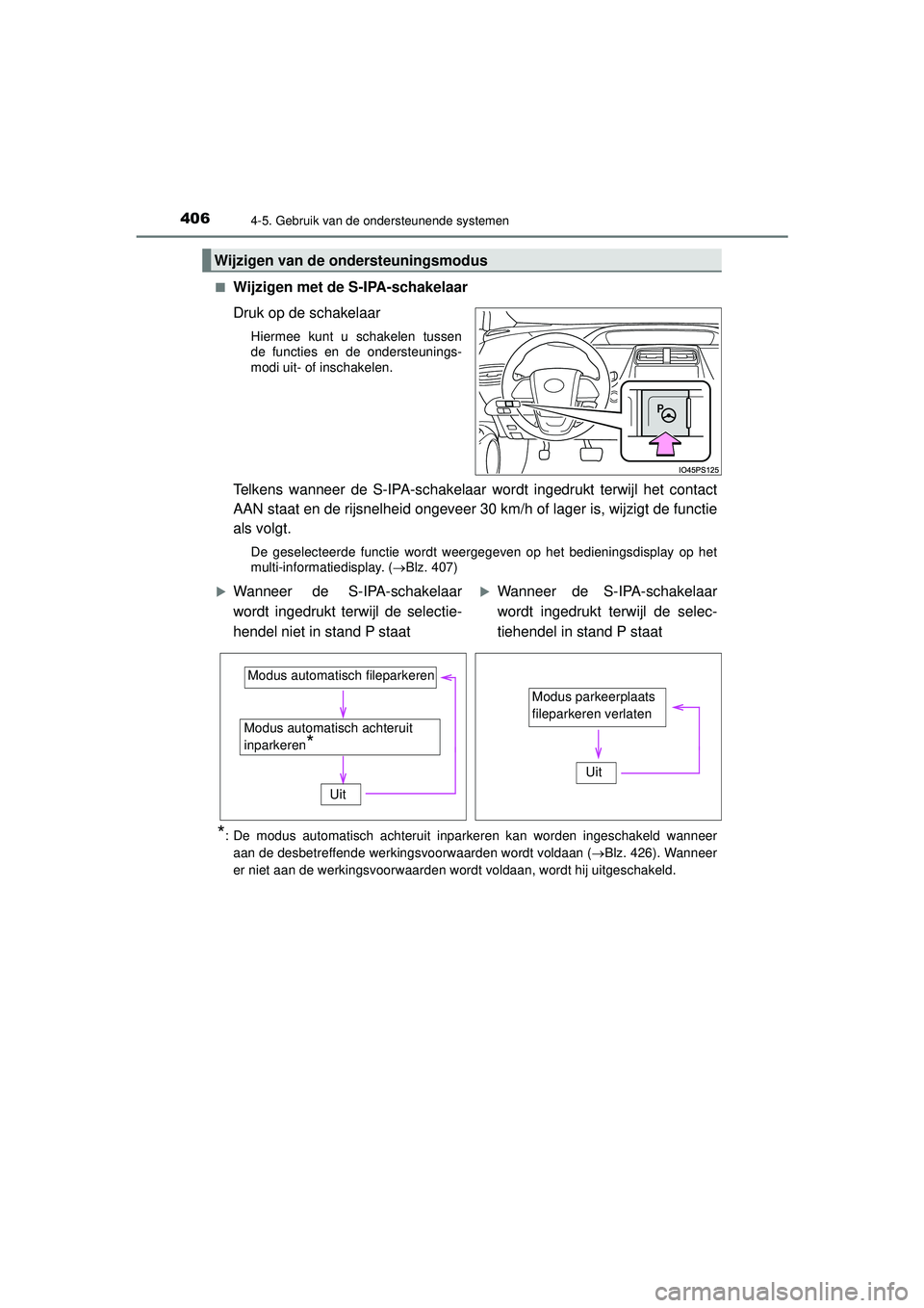 TOYOTA PRIUS 2022 Instructieboekje (in Dutch) 4064-5. Gebruik van de ondersteunende systemen
PRIUS_OM_OM47F03E_(EE)■
Wijzigen met de S-IPA-schakelaar
Druk op de schakelaar
Hiermee kunt u schakelen tussen
de functies en de ondersteunings-
modi u TOYOTA PRIUS 2022 Instructieboekje (in Dutch) 4064-5. Gebruik van de ondersteunende systemen
PRIUS_OM_OM47F03E_(EE)■
Wijzigen met de S-IPA-schakelaar
Druk op de schakelaar
Hiermee kunt u schakelen tussen
de functies en de ondersteunings-
modi u