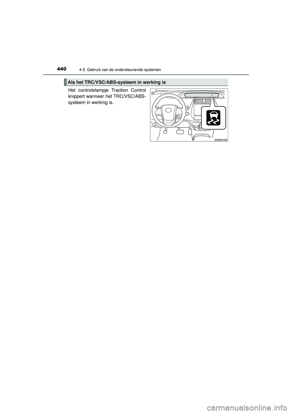 TOYOTA PRIUS 2022 Instructieboekje (in Dutch) 4404-5. Gebruik van de ondersteunende systemen
PRIUS_OM_OM47F03E_(EE)
Het controlelampje Traction Control
knippert wanneer het TRC/VSC/ABS-
systeem in werking is.
Als het TRC/VSC/ABS-systeem in werkin TOYOTA PRIUS 2022 Instructieboekje (in Dutch) 4404-5. Gebruik van de ondersteunende systemen
PRIUS_OM_OM47F03E_(EE)
Het controlelampje Traction Control
knippert wanneer het TRC/VSC/ABS-
systeem in werking is.
Als het TRC/VSC/ABS-systeem in werkin
