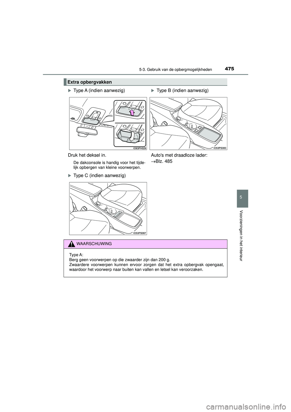 TOYOTA PRIUS 2022  Instructieboekje (in Dutch) 4755-3. Gebruik van de opbergmogelijkheden
PRIUS_OM_OM47F03E_(EE)
5
Voorzieningen in het interieur
Extra opbergvakken
Type A  (indien  aanwezig)Type B (indien aanwezig)
Druk het deksel in.
De da