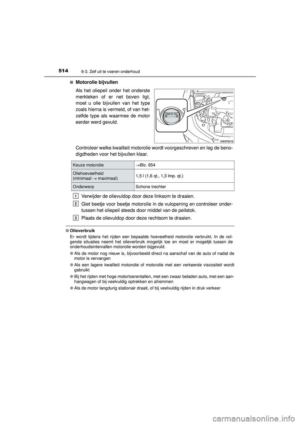 TOYOTA PRIUS 2022 Instructieboekje (in Dutch) 5146-3. Zelf uit te voeren onderhoud
PRIUS_OM_OM47F03E_(EE)■
Motorolie bijvullen
Als het oliepeil onder het onderste
merkteken of er net boven ligt,
moet u olie bijvullen van het type
zoals hierna i TOYOTA PRIUS 2022 Instructieboekje (in Dutch) 5146-3. Zelf uit te voeren onderhoud
PRIUS_OM_OM47F03E_(EE)■
Motorolie bijvullen
Als het oliepeil onder het onderste
merkteken of er net boven ligt,
moet u olie bijvullen van het type
zoals hierna i