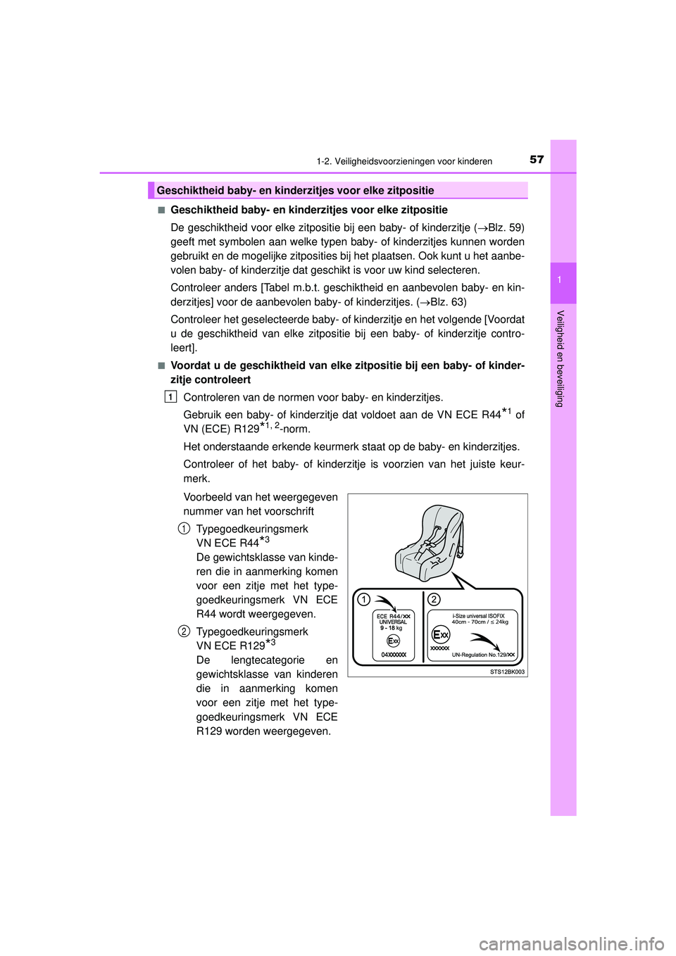 TOYOTA PRIUS 2022  Instructieboekje (in Dutch) 571-2. Veiligheidsvoorzieningen voor kinderen
1
PRIUS_OM_OM47F03E_(EE)
Veiligheid en beveiliging
■Geschiktheid baby- en kinderzitjes voor elke zitpositie
De geschiktheid voor elke zitpositie bij een