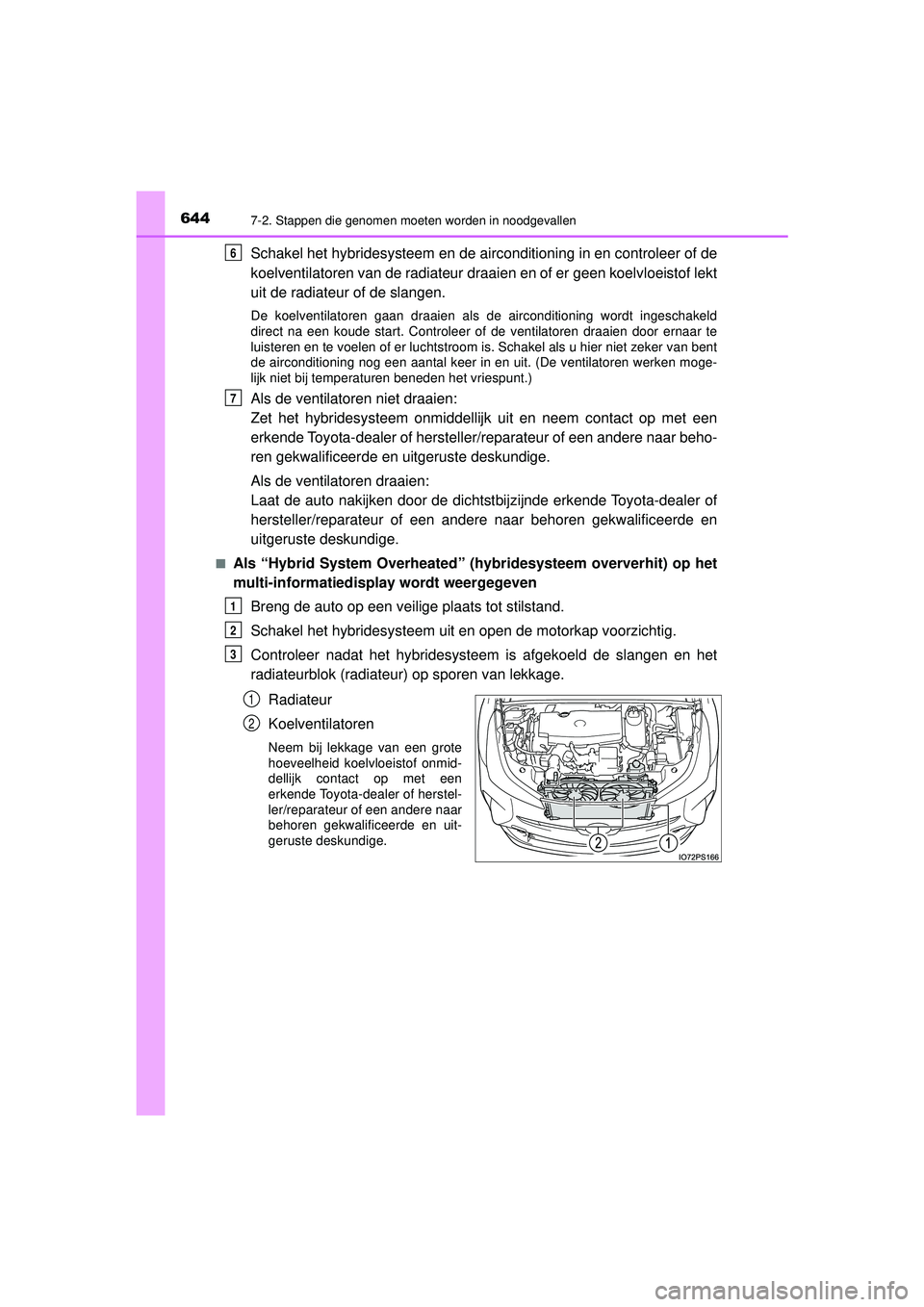 TOYOTA PRIUS 2022 Instructieboekje (in Dutch) 6447-2. Stappen die genomen moeten worden in noodgevallen
PRIUS_OM_OM47F03E_(EE)
Schakel het hybridesysteem en de airconditioning in en controleer of de
koelventilatoren van de radiateur draaien en of TOYOTA PRIUS 2022 Instructieboekje (in Dutch) 6447-2. Stappen die genomen moeten worden in noodgevallen
PRIUS_OM_OM47F03E_(EE)
Schakel het hybridesysteem en de airconditioning in en controleer of de
koelventilatoren van de radiateur draaien en of