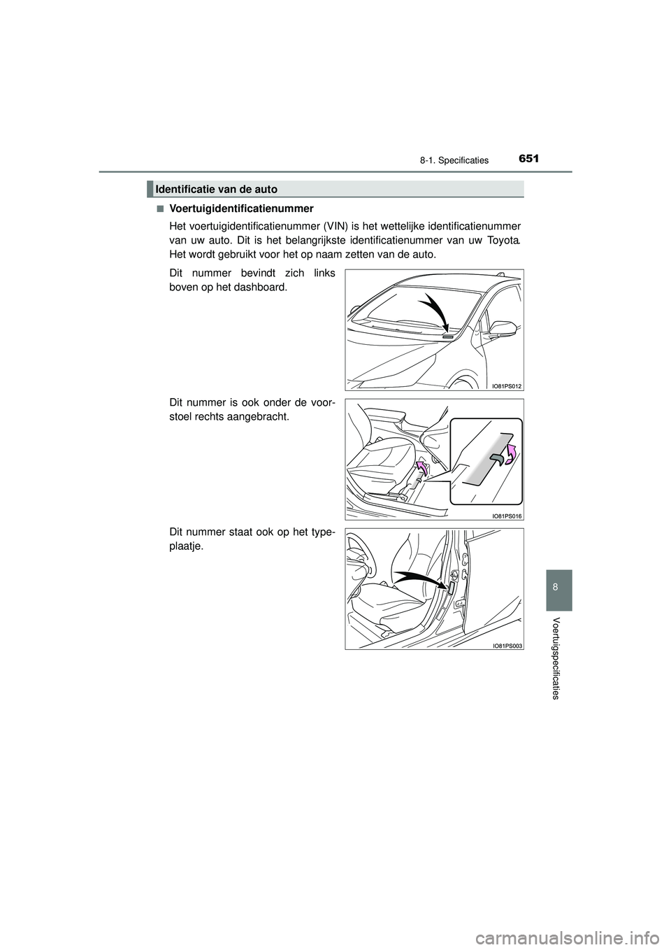 TOYOTA PRIUS 2022 Instructieboekje (in Dutch) 6518-1. Specificaties
PRIUS_OM_OM47F03E_(EE)
8
Voertuigspecificaties
■Voertuigidentificatienummer
Het voertuigidentificatienummer (VIN) is het wettelijke identificatienummer
van uw auto. Dit is het TOYOTA PRIUS 2022 Instructieboekje (in Dutch) 6518-1. Specificaties
PRIUS_OM_OM47F03E_(EE)
8
Voertuigspecificaties
■Voertuigidentificatienummer
Het voertuigidentificatienummer (VIN) is het wettelijke identificatienummer
van uw auto. Dit is het