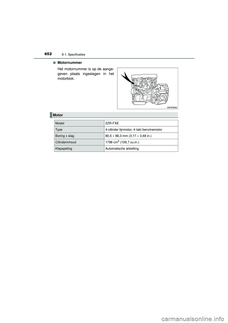 TOYOTA PRIUS 2022 Instructieboekje (in Dutch) 6528-1. Specificaties
PRIUS_OM_OM47F03E_(EE)■
Motornummer
Het motornummer is op de aange-
geven plaats ingeslagen in het
motorblok.
Motor
Model2ZR-FXE
Ty p e4-cilinder lijnmotor, 4-takt benzinemotor TOYOTA PRIUS 2022 Instructieboekje (in Dutch) 6528-1. Specificaties
PRIUS_OM_OM47F03E_(EE)■
Motornummer
Het motornummer is op de aange-
geven plaats ingeslagen in het
motorblok.
Motor
Model2ZR-FXE
Ty p e4-cilinder lijnmotor, 4-takt benzinemotor