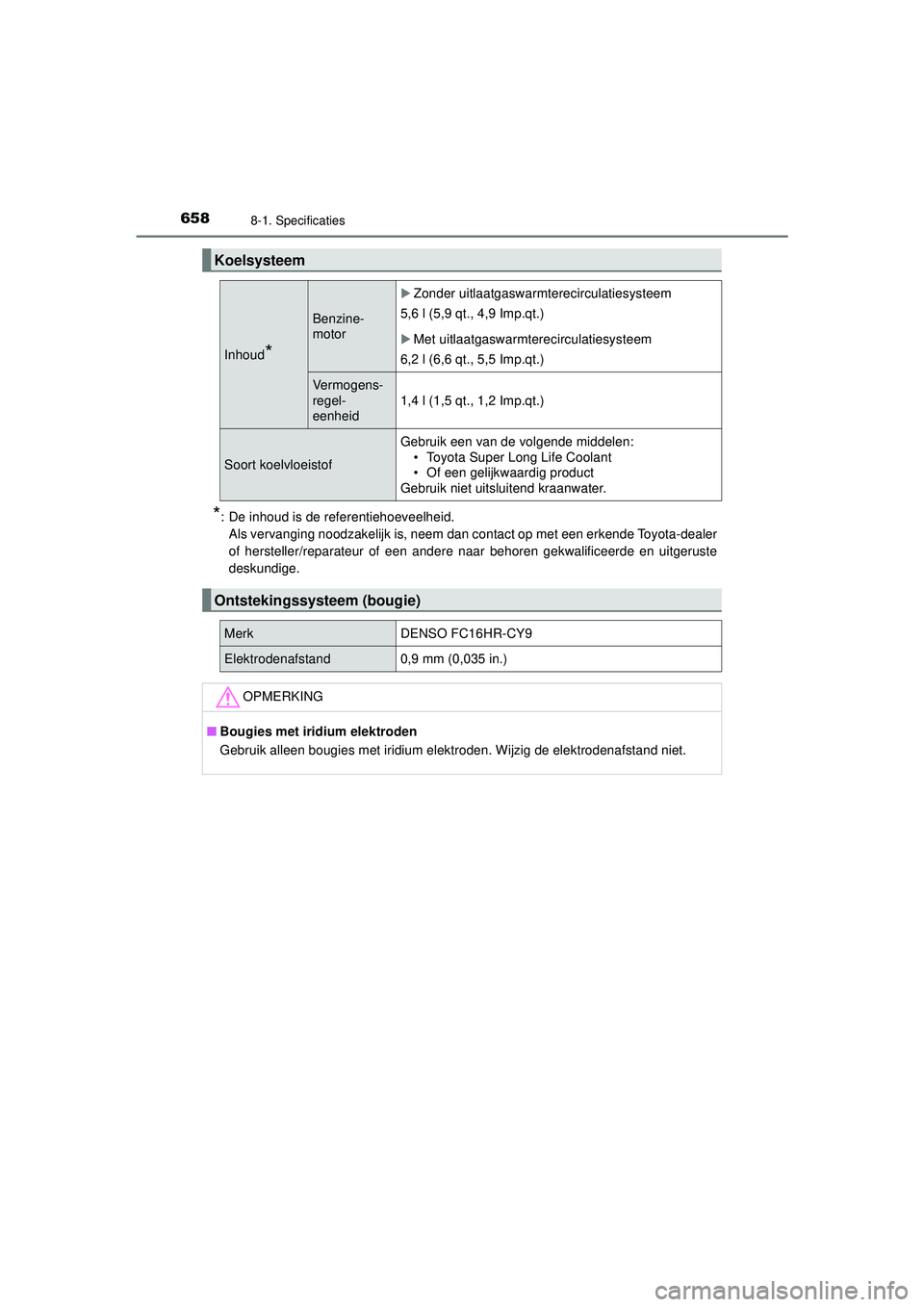 TOYOTA PRIUS 2022 Instructieboekje (in Dutch) 6588-1. Specificaties
PRIUS_OM_OM47F03E_(EE)
*: De inhoud is de referentiehoeveelheid.Als vervanging noodzakelijk is, neem dan contact op met een erkende Toyota-dealer
of hersteller/reparateur of een TOYOTA PRIUS 2022 Instructieboekje (in Dutch) 6588-1. Specificaties
PRIUS_OM_OM47F03E_(EE)
*: De inhoud is de referentiehoeveelheid.Als vervanging noodzakelijk is, neem dan contact op met een erkende Toyota-dealer
of hersteller/reparateur of een