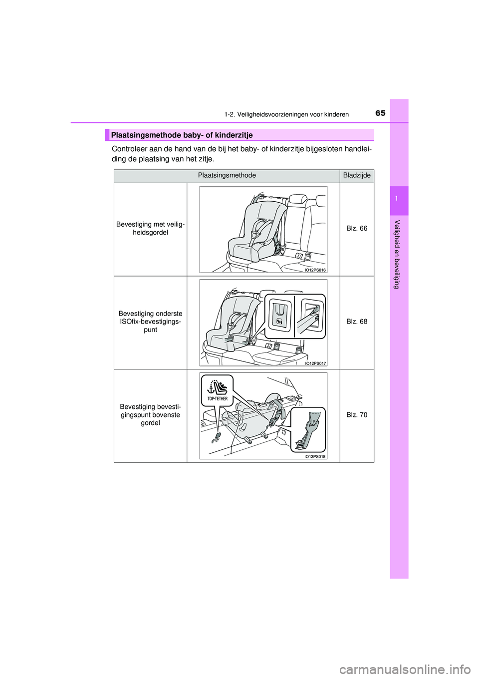 TOYOTA PRIUS 2022  Instructieboekje (in Dutch) 651-2. Veiligheidsvoorzieningen voor kinderen
1
PRIUS_OM_OM47F03E_(EE)
Veiligheid en beveiliging
Controleer aan de hand van de bij het baby- of kinderzitje bijgesloten handlei-
ding de plaatsing van h