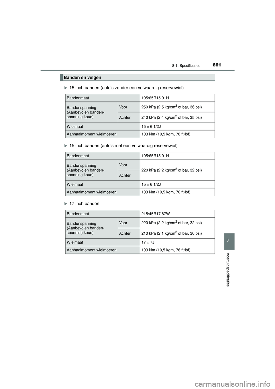 TOYOTA PRIUS 2022 Instructieboekje (in Dutch) 6618-1. Specificaties
PRIUS_OM_OM47F03E_(EE)
8
Voertuigspecificaties
15 inch banden (autos zonder een volwaardig reservewiel)
15 inch banden (autos met een volwaardig reservewiel)
17 inch b TOYOTA PRIUS 2022 Instructieboekje (in Dutch) 6618-1. Specificaties
PRIUS_OM_OM47F03E_(EE)
8
Voertuigspecificaties
15 inch banden (autos zonder een volwaardig reservewiel)
15 inch banden (autos met een volwaardig reservewiel)
17 inch b