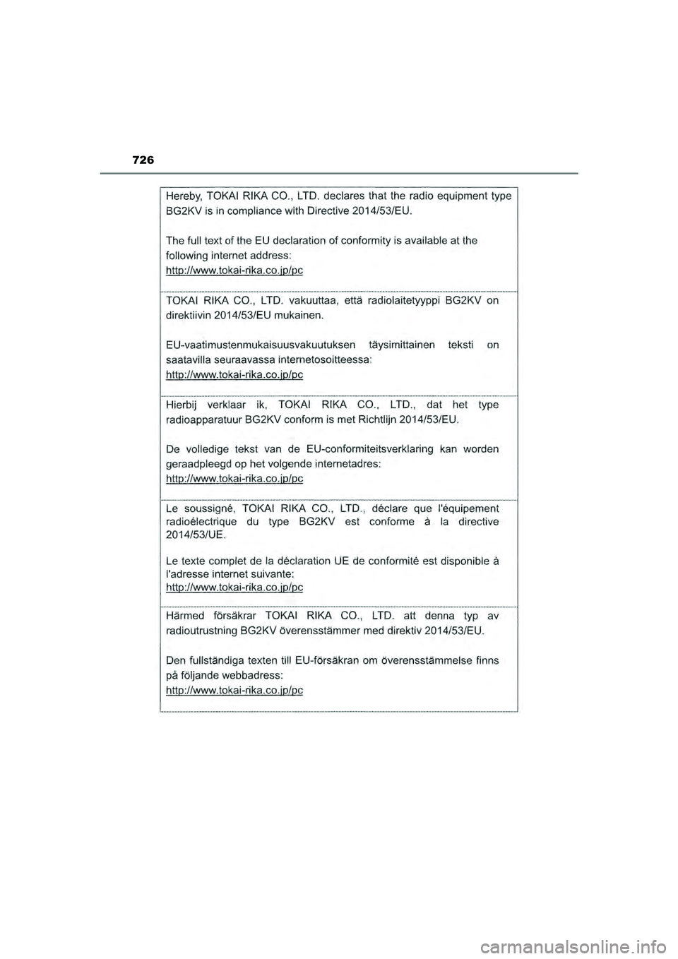 TOYOTA PRIUS 2022  Instructieboekje (in Dutch) 726
PRIUS_OM_OM47F03E_(EE)
PRIUS_OM_OM47F03E_(EE).book  Page 726  Thursday, May 6, 2021  12:21 PM 