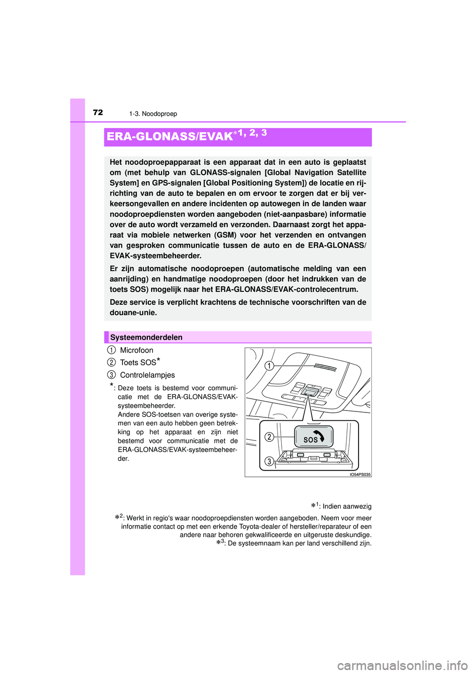 TOYOTA PRIUS 2022 Instructieboekje (in Dutch) 721-3. Noodoproep
PRIUS_OM_OM47F03E_(EE)
ERA-GLONASS/EVAK1, 2, 3
Microfoon
Toets SOS
*
Controlelampjes
*: Deze toets is bestemd voor communi-catie met de ERA-GLONASS/EVAK-
systeembeheerder.
Andere TOYOTA PRIUS 2022 Instructieboekje (in Dutch) 721-3. Noodoproep
PRIUS_OM_OM47F03E_(EE)
ERA-GLONASS/EVAK1, 2, 3
Microfoon
Toets SOS
*
Controlelampjes
*: Deze toets is bestemd voor communi-catie met de ERA-GLONASS/EVAK-
systeembeheerder.
Andere