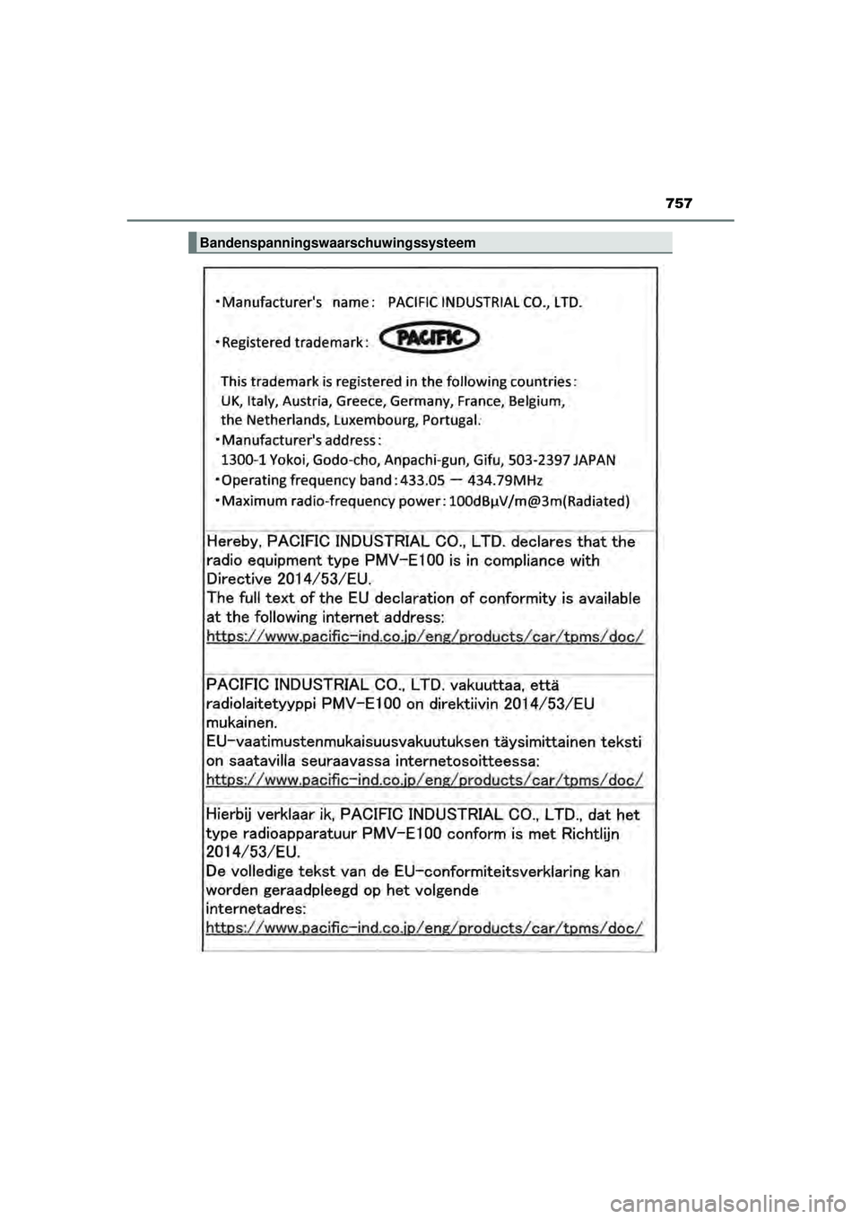 TOYOTA PRIUS 2022 Instructieboekje (in Dutch) 757
PRIUS_OM_OM47F03E_(EE)
Bandenspanningswaarschuwingssysteem
PRIUS_OM_OM47F03E_(EE).book Page 757 Thursday, May 6, 2021 12:21 PM TOYOTA PRIUS 2022 Instructieboekje (in Dutch) 757
PRIUS_OM_OM47F03E_(EE)
Bandenspanningswaarschuwingssysteem
PRIUS_OM_OM47F03E_(EE).book Page 757 Thursday, May 6, 2021 12:21 PM