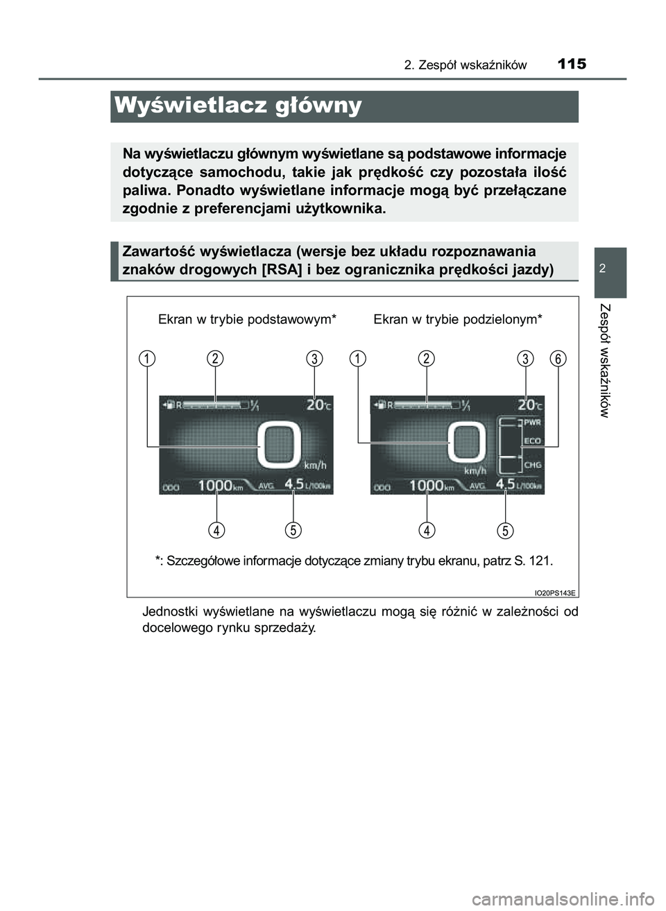 TOYOTA PRIUS 2022  Instrukcja obsługi (in Polish) Jednostki  wyÊwietlane  na  wyÊwietlaczu  mogà  si´  ró˝niç  w zale˝noÊci  od
docelowego rynku sprzeda˝y.
2. Zespó∏ wskaêników115
2
Zespó∏ wskaêników
WyÊwietlacz g∏ówny
Na wyÊ