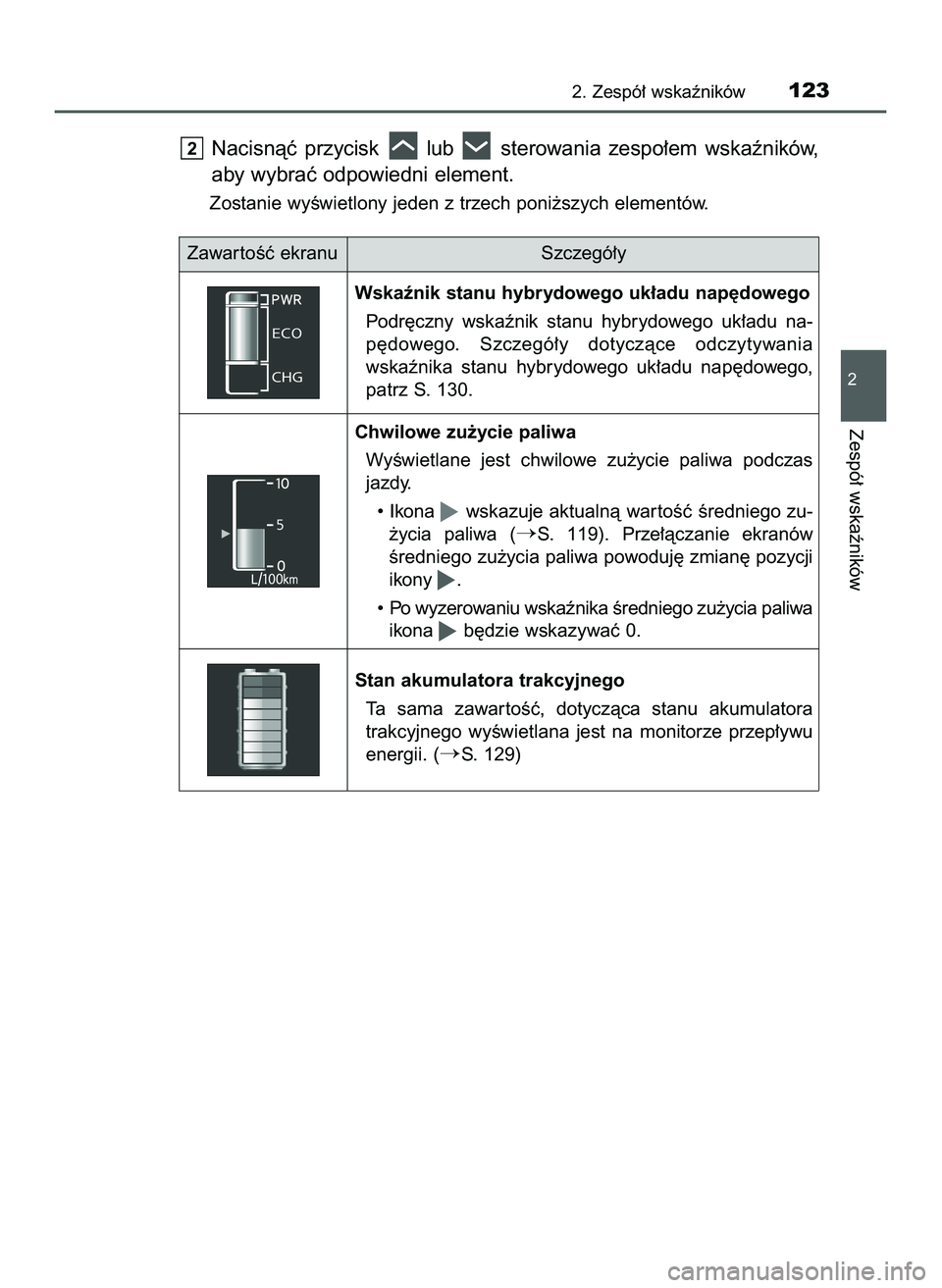 TOYOTA PRIUS 2022  Instrukcja obsługi (in Polish) Nacisnàç  przycisk  lub  sterowania  zespo∏em  wskaêników,
aby wybraç odpowiedni element.
Zostanie wyÊwietlony jeden z trzech poni˝szych elementów.
2
2. Zespó∏ wskaêników123
2
Zespó∏