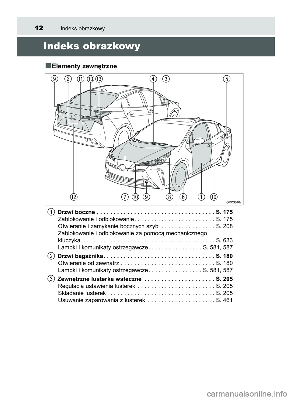TOYOTA PRIUS 2022  Instrukcja obsługi (in Polish) Indeks obrazkowy12
Indeks obrazkowy
Elementy zewn´trzne
Drzwi boczne . . . . . . . . . . . . . . . . . . . . . . . . . . . . . . . . . . . S. 175
Zablokowanie i odblokowanie . . . . . . . . . . . . .