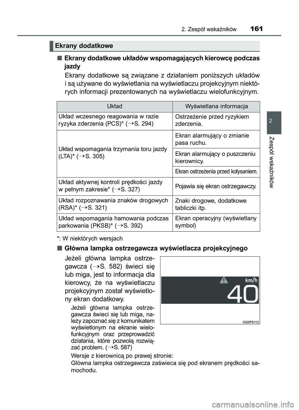 TOYOTA PRIUS 2022  Instrukcja obsługi (in Polish) Ekrany dodatkowe uk∏adów wspomagajàcych kierowc´ podczas
jazdy
Ekrany  dodatkowe  sà  zwiàzane  z dzia∏aniem  poni˝szych  uk∏adów
i sà u˝ywane do wyÊwietlania na wyÊwietlaczu projekcy