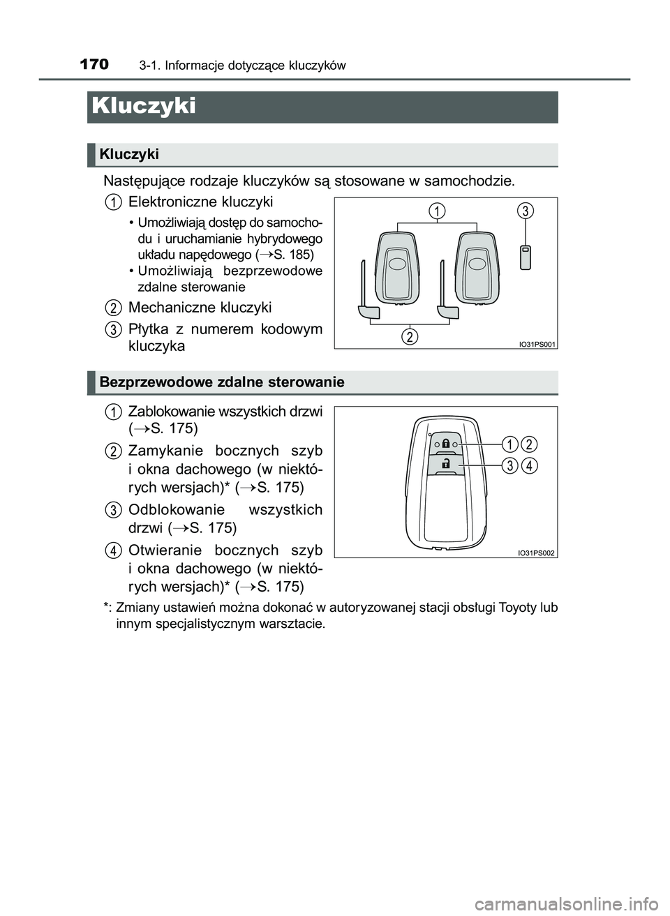 TOYOTA PRIUS 2022  Instrukcja obsługi (in Polish) Nast´pujàce rodzaje kluczyków sà stosowane w samochodzie.
Elektroniczne kluczyki
•  Umo˝liwiajà dost´p do samocho-
du  i uruchamianie  hybrydowego
uk∏adu nap´dowego (
S. 185)
• Umo˝liw
