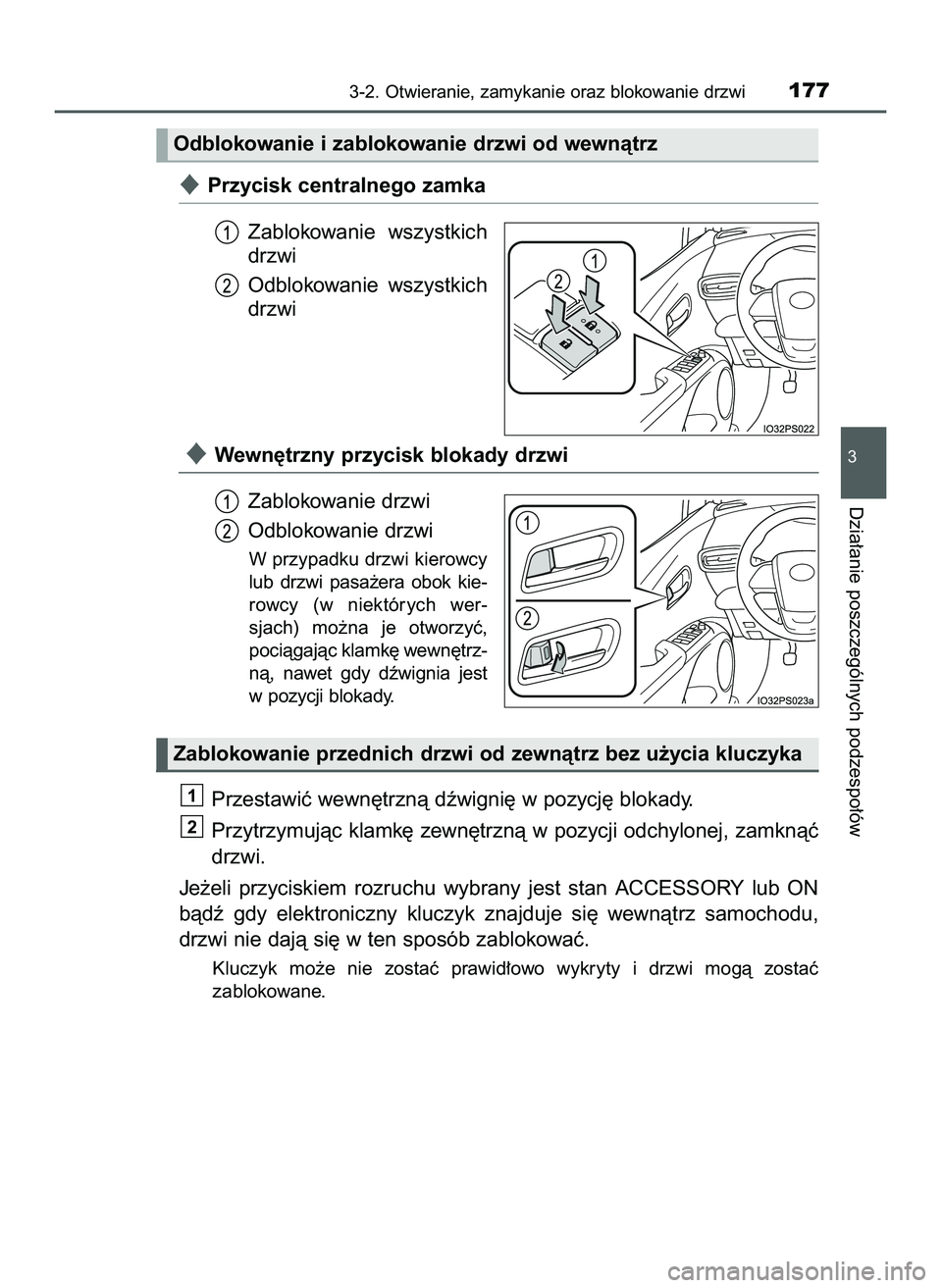 TOYOTA PRIUS 2022  Instrukcja obsługi (in Polish) Przycisk centralnego zamka
Zablokowanie  wszystkich
drzwi
Odblokowanie  wszystkich
drzwi
Wewn´trzny przycisk blokady drzwi
Zablokowanie drzwi
Odblokowanie drzwi
W przypadku drzwi kierowcy
lub  drzw