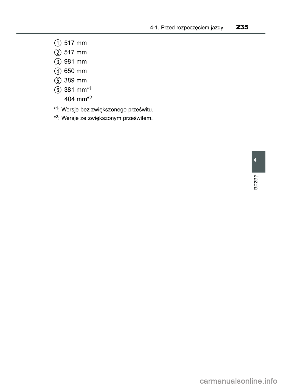 TOYOTA PRIUS 2022  Instrukcja obsługi (in Polish) 517 mm 
517 mm
981 mm
650 mm
389 mm
381 mm*
1
404 mm*2
*1: Wersje bez zwi´kszonego przeÊwitu.
*
2: Wersje ze zwi´kszonym przeÊwitem.
4-1. Przed rozpocz´ciem jazdy235
4
Jazda
21 PRIUS OM47F03E  6/