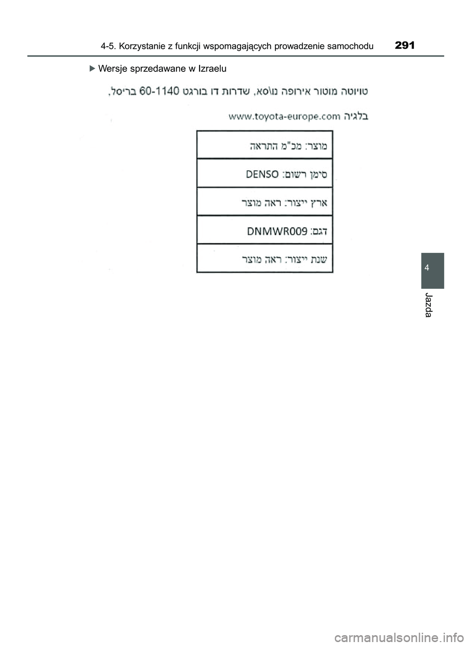 TOYOTA PRIUS 2022  Instrukcja obsługi (in Polish) ó Wersje sprzedawane w Izraelu
4-5. Korzystanie z funkcji wspomagajàcych prowadzenie samochodu291
4
Jazda
21 PRIUS OM47F03E  6/22/21  8:36 AM  Page 291    (Black plate) 