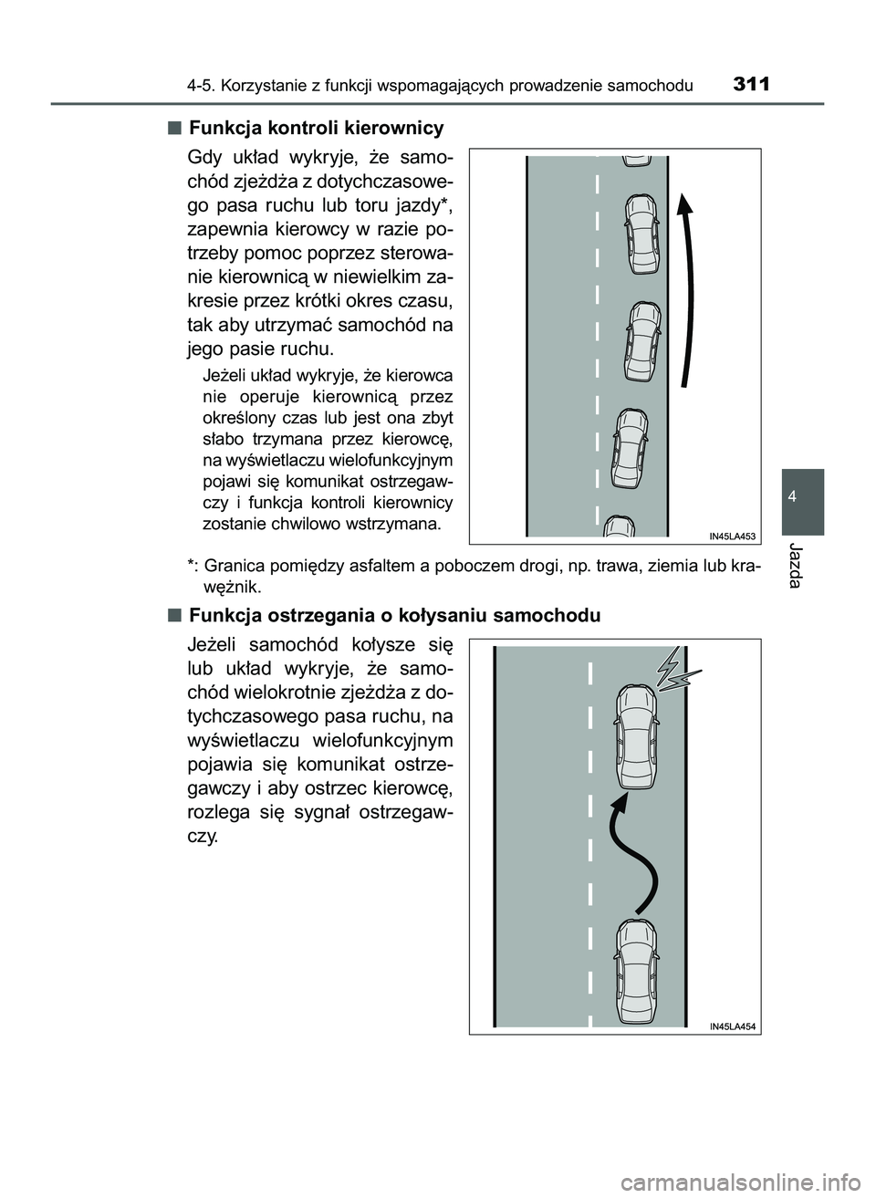 TOYOTA PRIUS 2022  Instrukcja obsługi (in Polish) Funkcja kontroli kierownicy
Gdy  uk∏ad  wykryje,  ˝e  samo-
chód zje˝d˝a z dotychczasowe-
go  pasa  ruchu  lub  toru  jazdy*,
zapewnia  kierowcy  w razie  po-
trzeby pomoc poprzez sterowa-
nie k