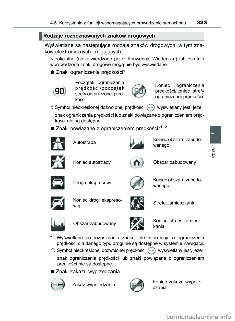TOYOTA PRIUS 2022  Instrukcja obsługi (in Polish) WyÊwietlane  sà  nast´pujàce  rodzaje  znaków  drogowych,  w tym  zna-
ków elektronicznych i migajàcych.
Nieoficjalne  (niezatwierdzone  przez  Konwencj´  Wiedeƒskà)  lub  ostatnio
wprowadzo