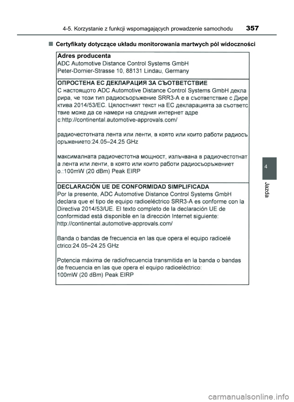 TOYOTA PRIUS 2022  Instrukcja obsługi (in Polish) Certyfikaty dotyczàce uk∏adu monitorowania martwych pól widocznoÊci
4-5. Korzystanie z funkcji wspomagajàcych prowadzenie samochodu357
4
Jazda
Adres producenta
21 PRIUS OM47F03E  6/22/21  8:37 A