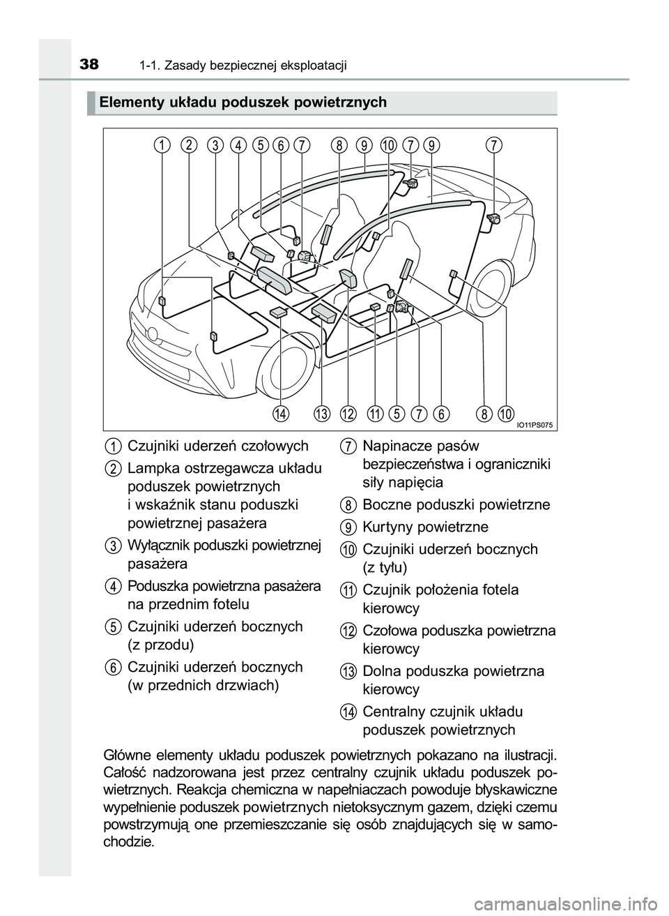 TOYOTA PRIUS 2022  Instrukcja obsługi (in Polish) G∏ówne  elementy  uk∏adu  poduszek  powietrznych  pokazano  na  ilustracji.
Ca∏oÊç  nadzorowana  jest  przez  centralny  czujnik  uk∏adu  poduszek  po-
wietrznych.  Reakcja  chemiczna  w na