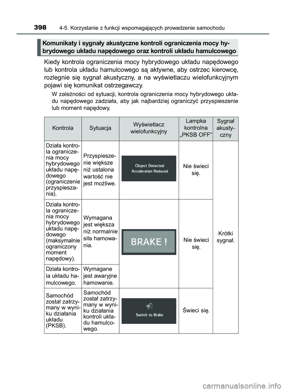 TOYOTA PRIUS 2022  Instrukcja obsługi (in Polish) Kiedy  kontrola  ograniczenia  mocy  hybrydowego  uk∏adu  nap´dowego
lub  kontrola  uk∏adu  hamulcowego  sà  aktywne,  aby  ostrzec  kierowc´,
rozlegnie  si´  sygna∏  akustyczny,  a na  wyÊ