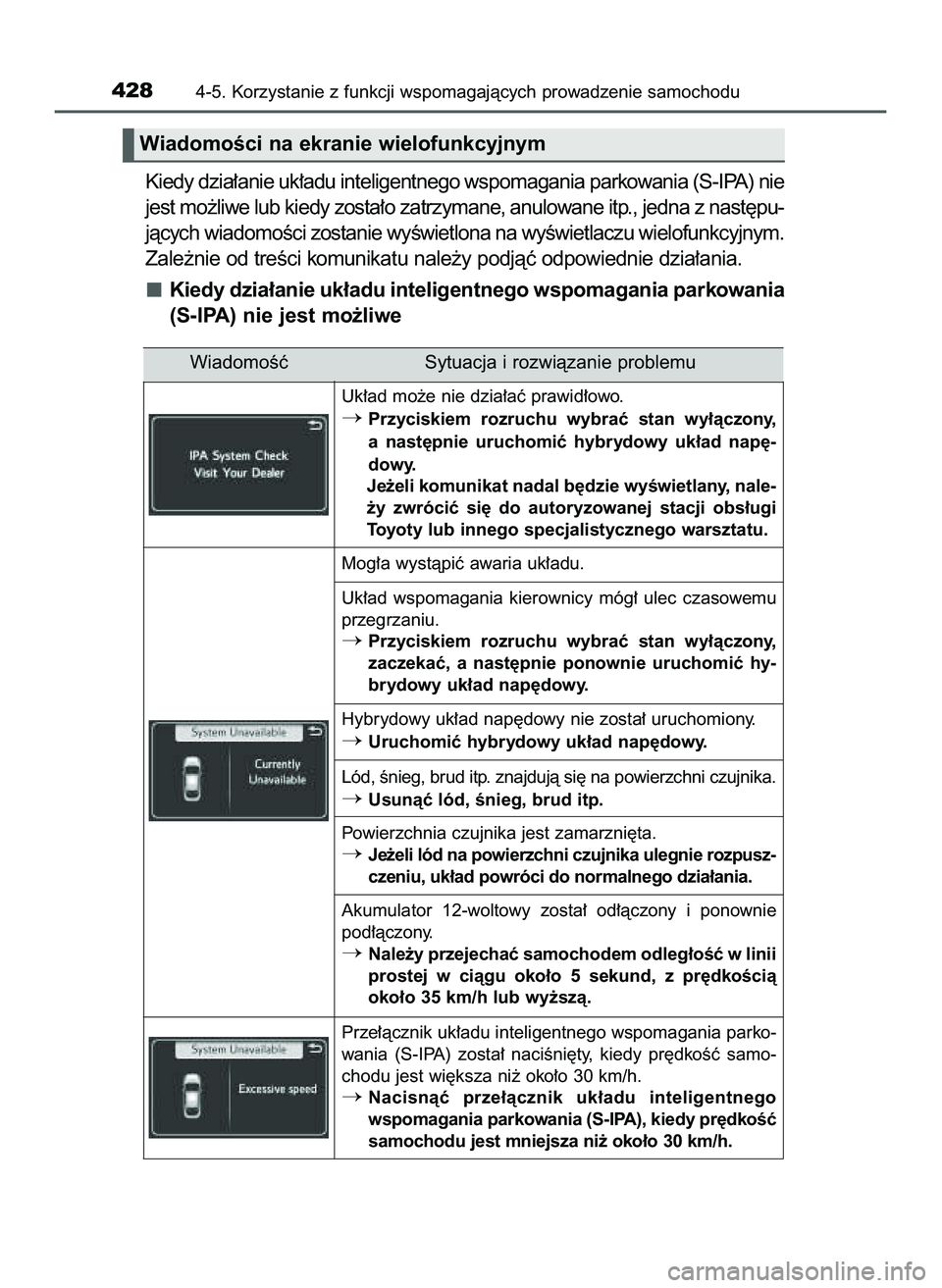TOYOTA PRIUS 2022  Instrukcja obsługi (in Polish) Kiedy dzia∏anie uk∏adu inteligentnego wspomagania parkowania (S-IPA) nie
jest mo˝liwe lub kiedy zosta∏o zatrzymane, anulowane itp., jedna z nast´pu-
jàcych wiadomoÊci zostanie wyÊwietlona n
