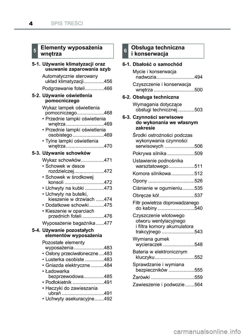 TOYOTA PRIUS 2022 Instrukcja obsługi (in Polish) SPIS TREÂCI4
5-1. U˝ywanie klimatyzacji oraz
usuwanie zaparowania szyb
Automatycznie sterowany
uk∏ad klimatyzacji...............456
Podgrzewanie foteli ..............466
5-2. U˝ywanie oÊwietleni TOYOTA PRIUS 2022 Instrukcja obsługi (in Polish) SPIS TREÂCI4
5-1. U˝ywanie klimatyzacji oraz
usuwanie zaparowania szyb
Automatycznie sterowany
uk∏ad klimatyzacji...............456
Podgrzewanie foteli ..............466
5-2. U˝ywanie oÊwietleni