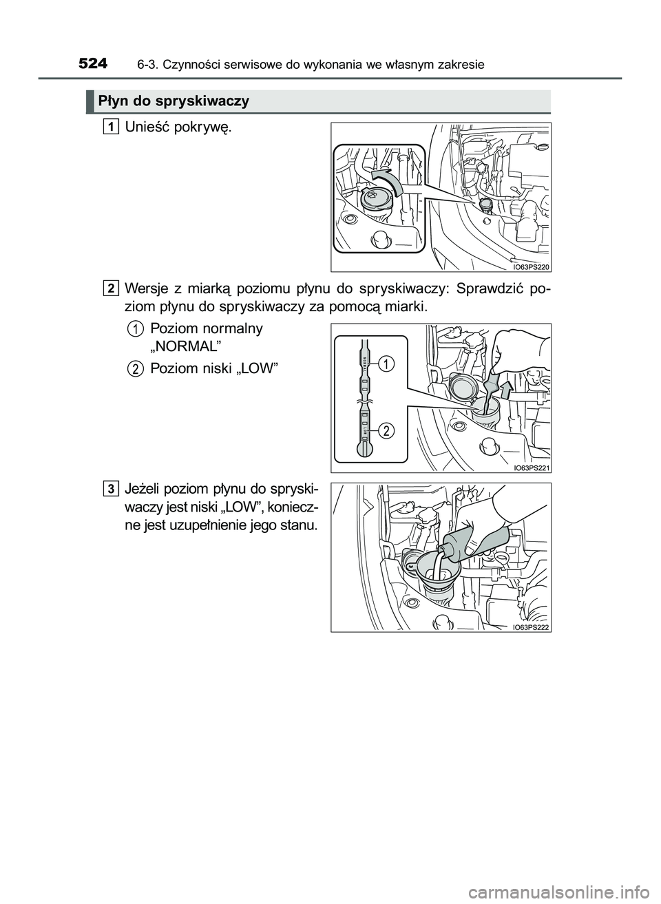 TOYOTA PRIUS 2022  Instrukcja obsługi (in Polish) UnieÊç pokryw´.
Wersje  z miarkà  poziomu  p∏ynu do  spryskiwaczy:  Sprawdziç  po-
ziom p∏ynu do spryskiwaczy za pomocà miarki.
Poziom normalny
„NORMAL”
Poziom niski „LOW”
Je˝eli  p