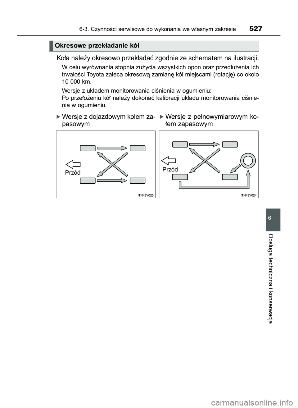 TOYOTA PRIUS 2022  Instrukcja obsługi (in Polish) Ko∏a nale˝y okresowo przek∏adaç zgodnie ze schematem na ilustracji.
W celu wyrównania stopnia zu˝ycia wszystkich opon oraz przed∏u˝enia ich
trwa∏oÊci Toyota zaleca okresowà zamian´ kó
