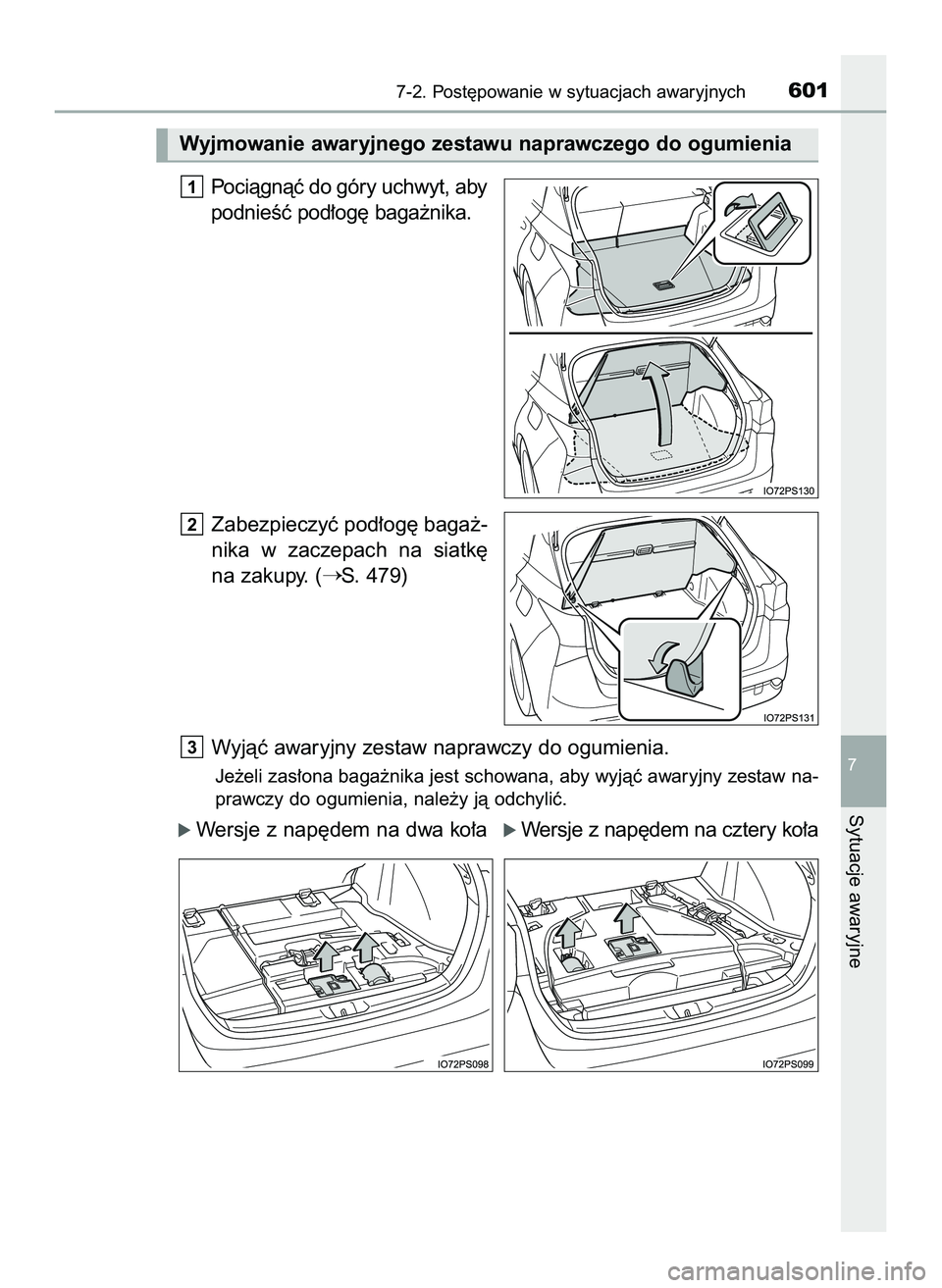 TOYOTA PRIUS 2022  Instrukcja obsługi (in Polish) Pociàgnàç do góry uchwyt, aby
podnieÊç pod∏og´ baga˝nika.
Zabezpieczyç pod∏og´ baga˝-
nika  w zaczepach  na  siatk´
na zakupy. (
S. 479)
Wyjàç awaryjny zestaw naprawczy do ogumienia