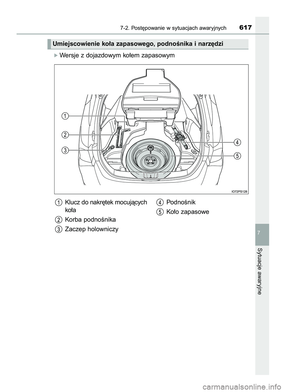 TOYOTA PRIUS 2022  Instrukcja obsługi (in Polish) óWersje z dojazdowym ko∏em zapasowym
7-2. Post´powanie w sytuacjach awaryjnych617
7
Sytuacje awaryjne
Umiejscowienie ko∏a zapasowego, podnoÊnika i narz´dzi
Klucz do nakr´tek mocujàcych
ko∏