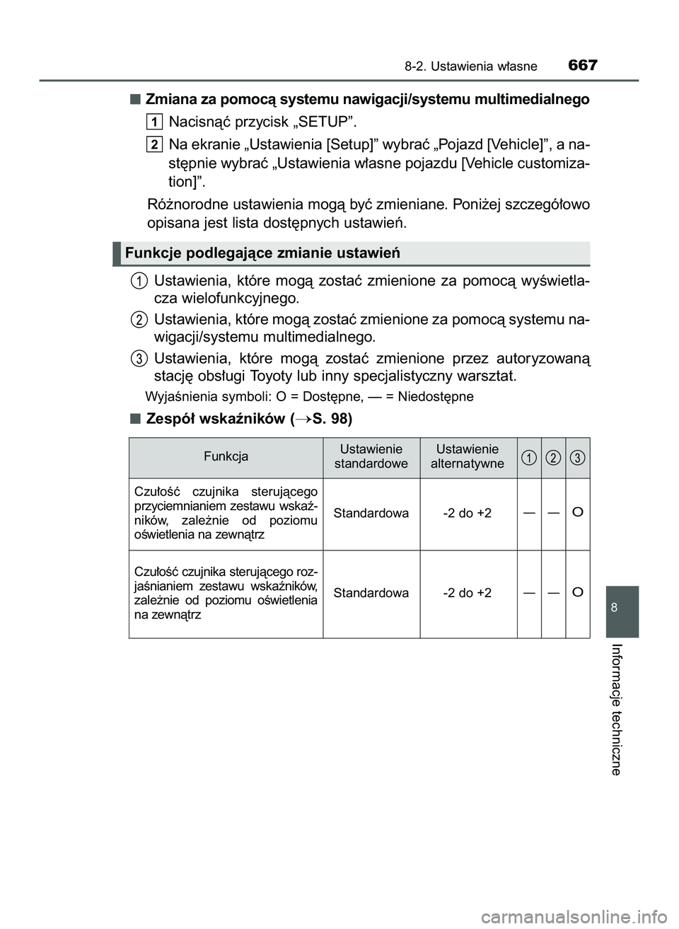TOYOTA PRIUS 2022  Instrukcja obsługi (in Polish) Zmiana za pomocà systemu nawigacji/systemu multimedialnego
Nacisnàç przycisk „SETUP”.
Na ekranie „Ustawienia [Setup]” wybraç „Pojazd [Vehicle]”, a na-
st´pnie wybraç „Ustawienia w�