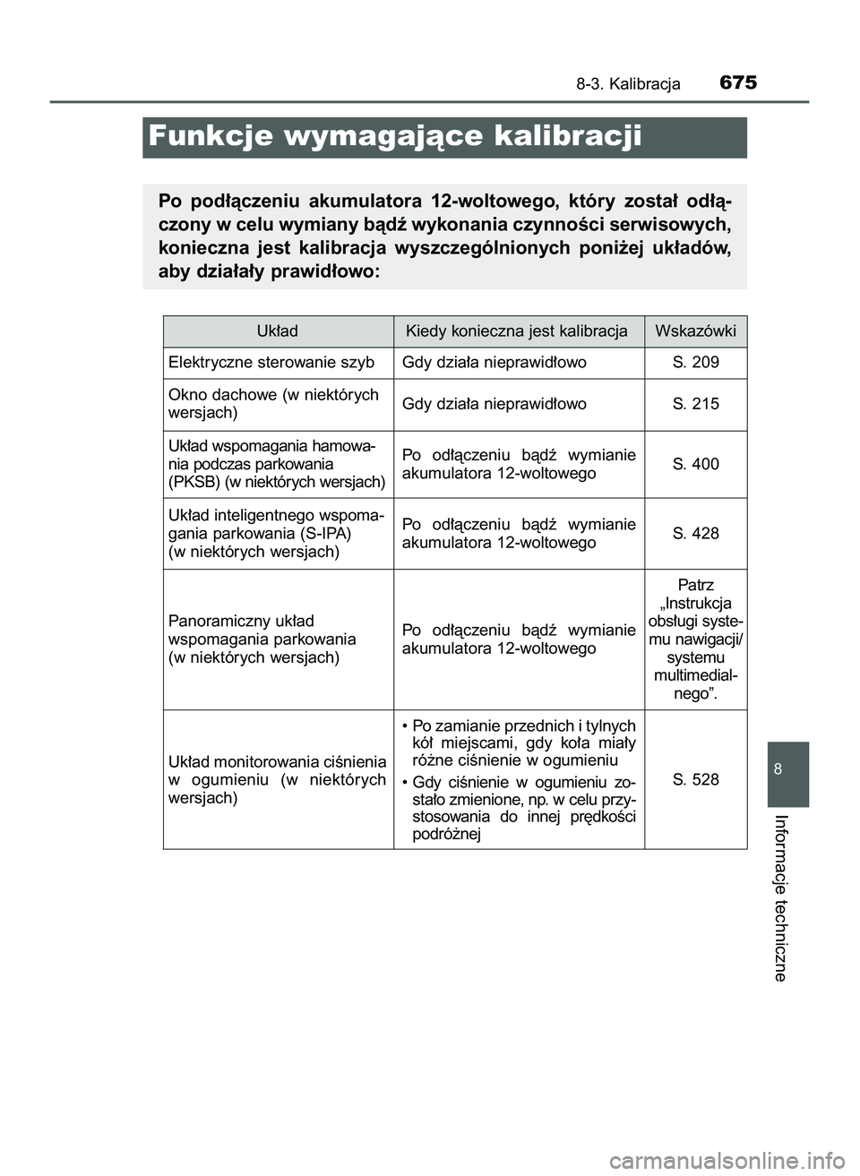 TOYOTA PRIUS 2022  Instrukcja obsługi (in Polish) 8-3. Kalibracja675
8
Informacje techniczne
Funkcje wymagajàce kalibracji
Po  pod∏àczeniu  akumulatora  12-woltowego,  który  zosta∏  od∏à-
czony w celu wymiany bàdê wykonania czynnoÊci se