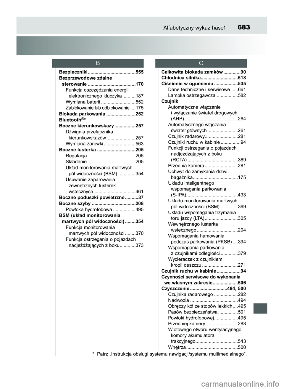 TOYOTA PRIUS 2022 Instrukcja obsługi (in Polish) Alfabetyczny wykaz hase∏683
Bezpieczniki ....................................555
Bezprzewodowe zdalne
sterowanie ....................................170
Funkcja oszcz´dzania energii
elektronicznego TOYOTA PRIUS 2022 Instrukcja obsługi (in Polish) Alfabetyczny wykaz hase∏683
Bezpieczniki ....................................555
Bezprzewodowe zdalne
sterowanie ....................................170
Funkcja oszcz´dzania energii
elektronicznego