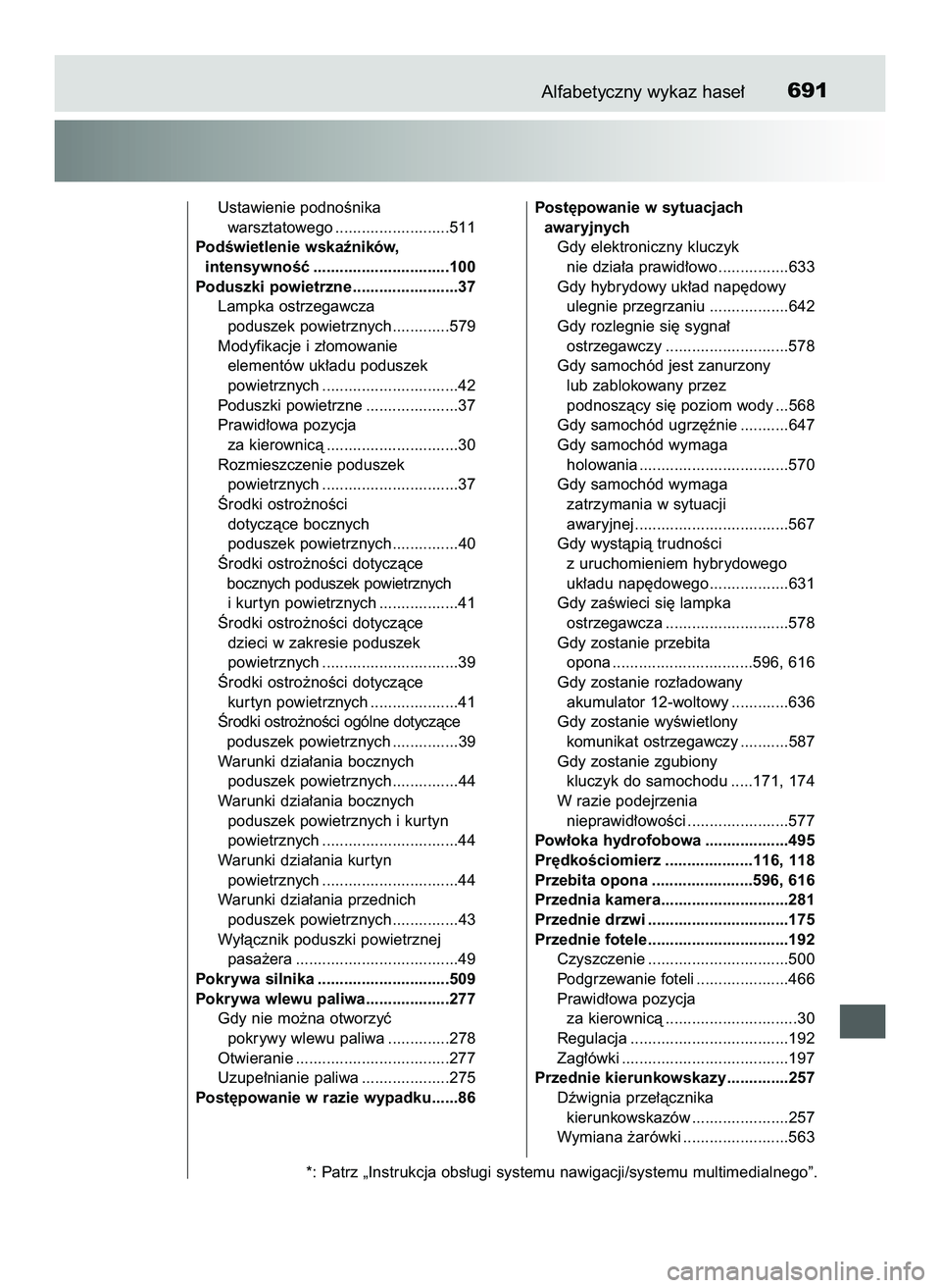 TOYOTA PRIUS 2022 Instrukcja obsługi (in Polish) Alfabetyczny wykaz hase∏691
Ustawienie podnoÊnika
warsztatowego ..........................511
PodÊwietlenie wskaêników,
intensywnoÊç ...............................100
Poduszki powietrzne .... TOYOTA PRIUS 2022 Instrukcja obsługi (in Polish) Alfabetyczny wykaz hase∏691
Ustawienie podnoÊnika
warsztatowego ..........................511
PodÊwietlenie wskaêników,
intensywnoÊç ...............................100
Poduszki powietrzne ....