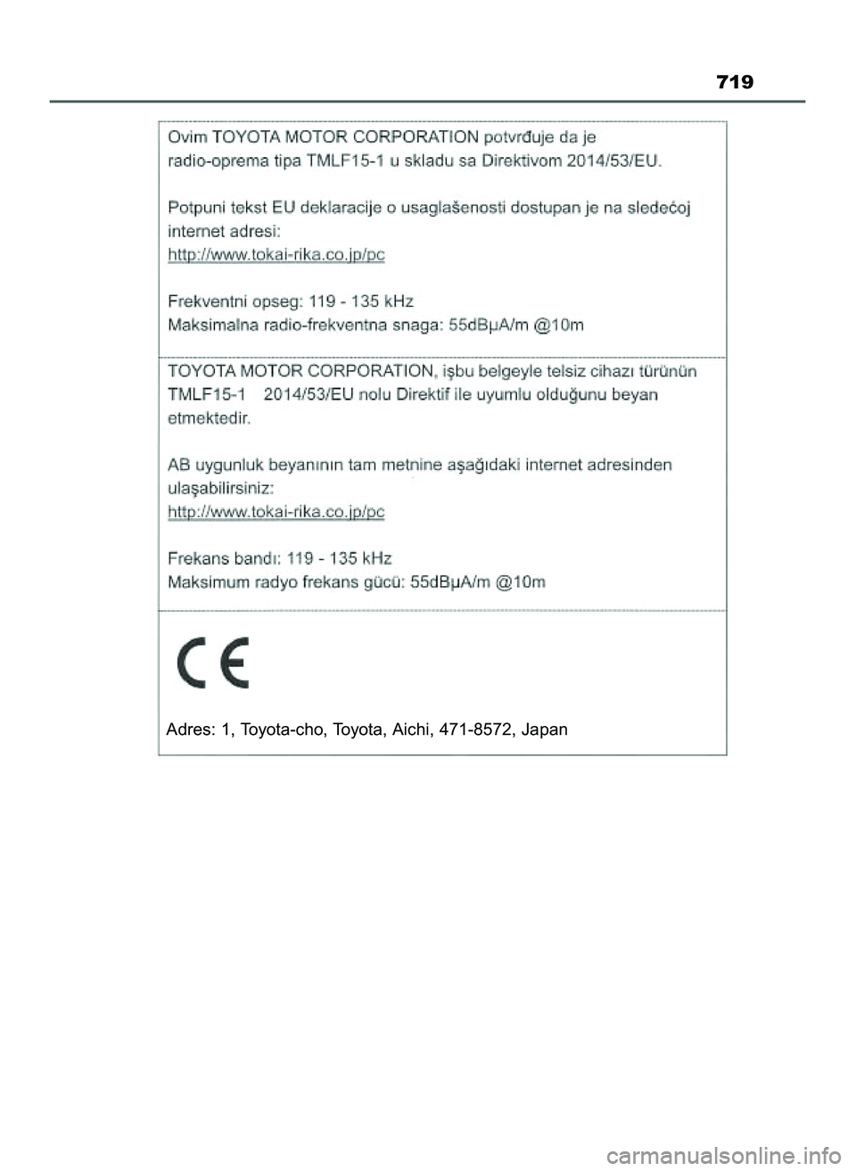 TOYOTA PRIUS 2022 Instrukcja obsługi (in Polish) 719
Adres: 1, Toyota-cho, Toyota, Aichi, 471-8572, Japan
21 PRIUS OM47F03E 6/22/21 8:38 AM Page 719 (Black plate) TOYOTA PRIUS 2022 Instrukcja obsługi (in Polish) 719
Adres: 1, Toyota-cho, Toyota, Aichi, 471-8572, Japan
21 PRIUS OM47F03E 6/22/21 8:38 AM Page 719 (Black plate)