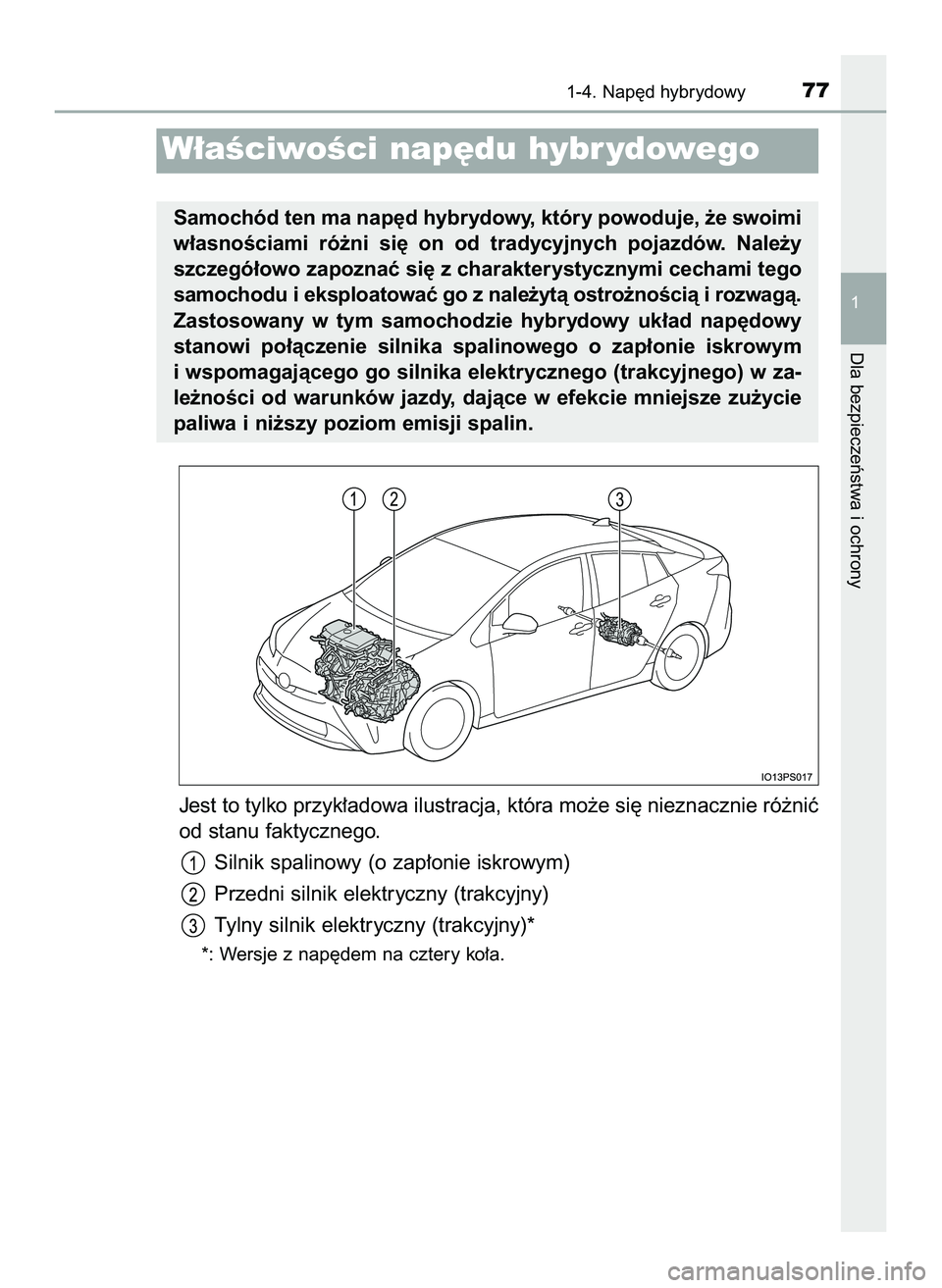 TOYOTA PRIUS 2022  Instrukcja obsługi (in Polish) Jest to tylko przyk∏adowa ilustracja, która mo˝e si´ nieznacznie ró˝niç
od stanu faktycznego.
Silnik spalinowy (o zap∏onie iskrowym)
Przedni silnik elektryczny (trakcyjny)
Tylny silnik elekt