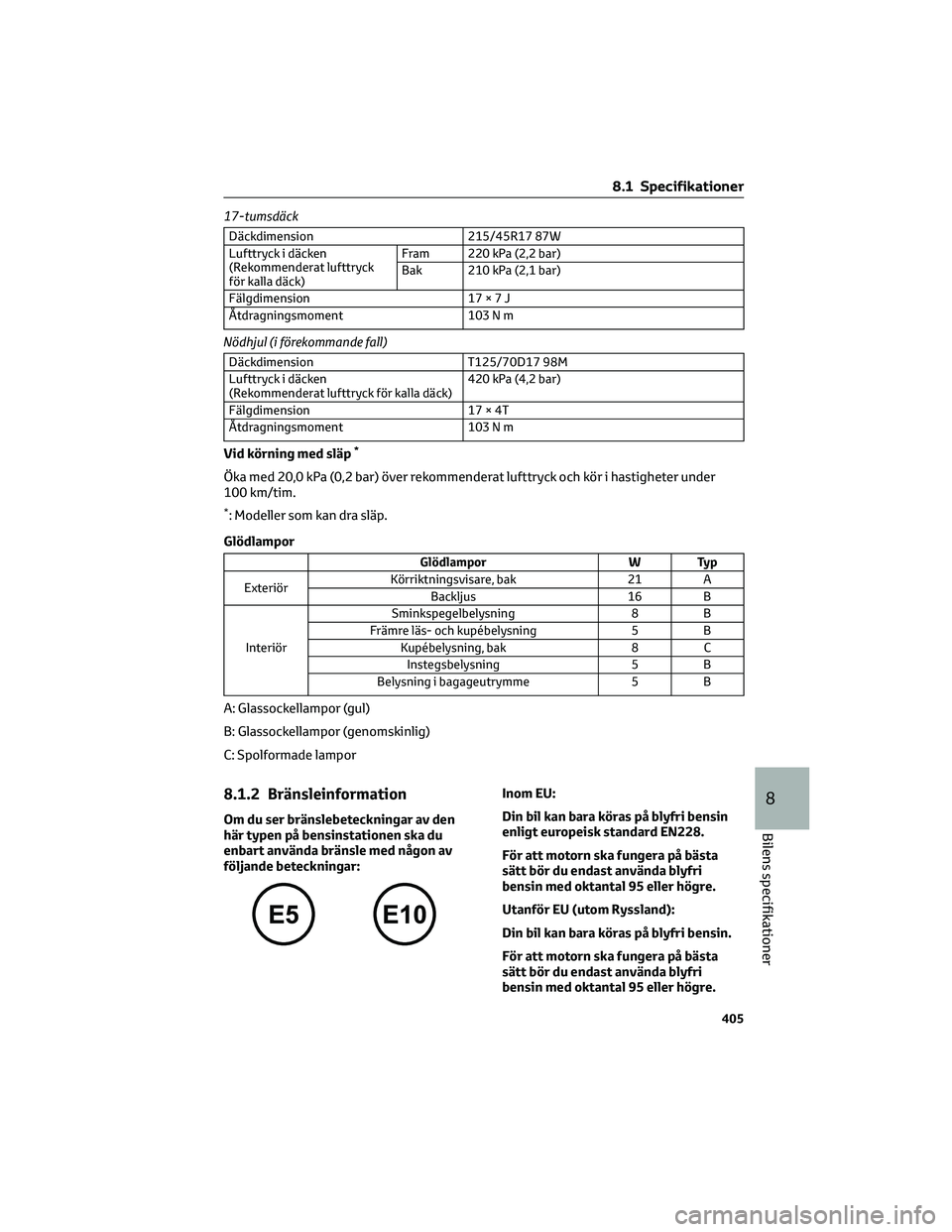 TOYOTA PRIUS 2022  Bruksanvisningar (in Swedish) 17-tumsdäck
Däckdimension 215/45R17 87W
Lufttryck i däcken
(Rekommenderat lufttryck
för kalla däck)Fram 220 kPa (2,2 bar)
Bak 210 kPa (2,1 bar)
Fälgdimension 17×7J
Åtdragningsmoment 103 N m
N