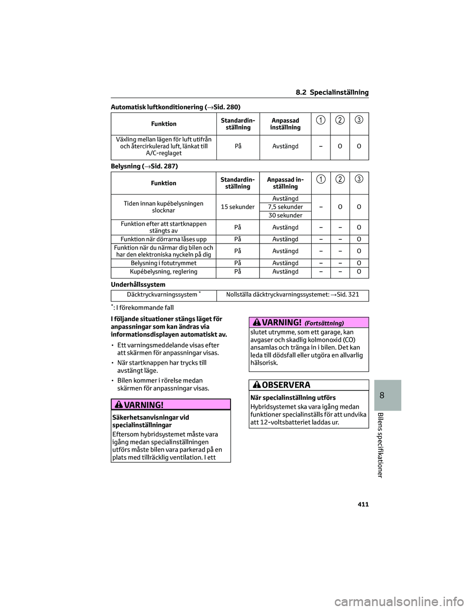 TOYOTA PRIUS 2022 Bruksanvisningar (in Swedish) Automatisk luftkonditionering (→Sid. 280)
FunktionStandardin-
ställningAnpassad
inställning123
Växling mellan lägen för luft utifrån
och återcirkulerad luft, länkat till
A/C-reglagetPå Avst TOYOTA PRIUS 2022 Bruksanvisningar (in Swedish) Automatisk luftkonditionering (→Sid. 280)
FunktionStandardin-
ställningAnpassad
inställning123
Växling mellan lägen för luft utifrån
och återcirkulerad luft, länkat till
A/C-reglagetPÃ¥ Avst