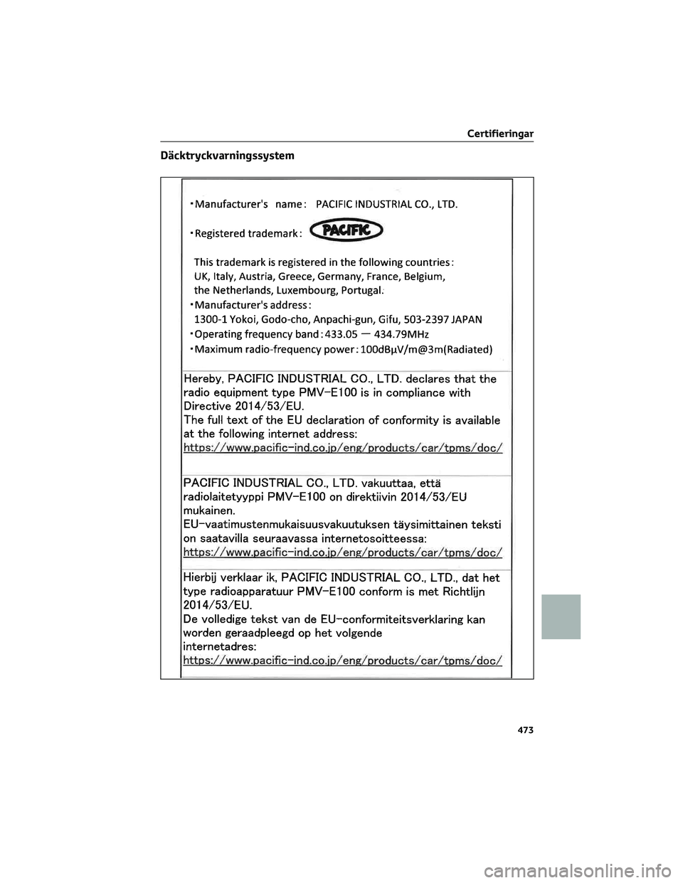 TOYOTA PRIUS 2022 Bruksanvisningar (in Swedish) Däcktryckvarningssystem
Certifieringar
473 TOYOTA PRIUS 2022 Bruksanvisningar (in Swedish) Däcktryckvarningssystem
Certifieringar
473