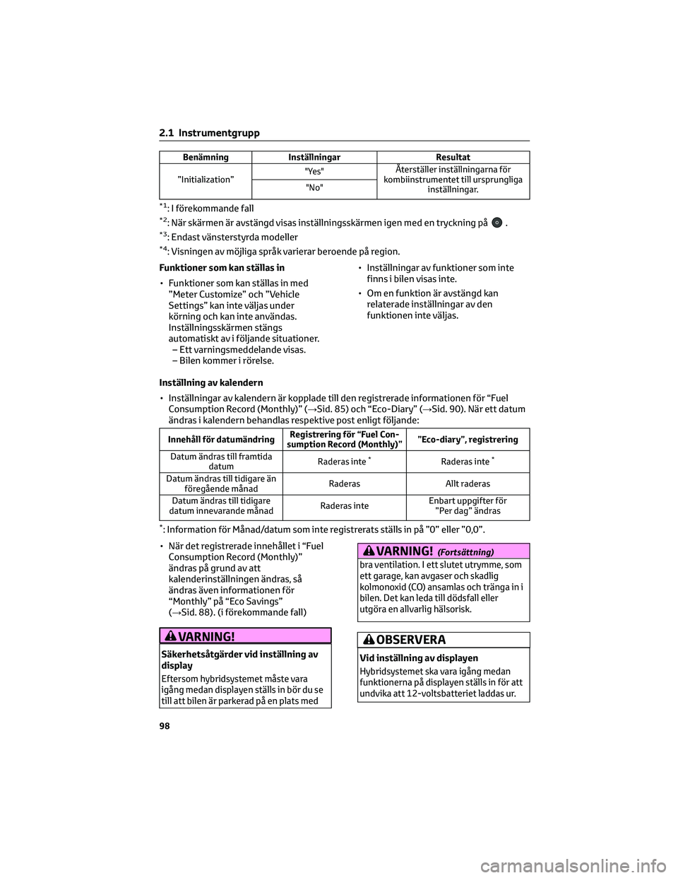 TOYOTA PRIUS 2022  Bruksanvisningar (in Swedish) Benämning Inställningar Resultat
”Initialization”"Yes"Återställer inställningarna för
kombiinstrumentet till ursprungliga
inställningar. "No"
*1: I förekommande fall*2: Nä
