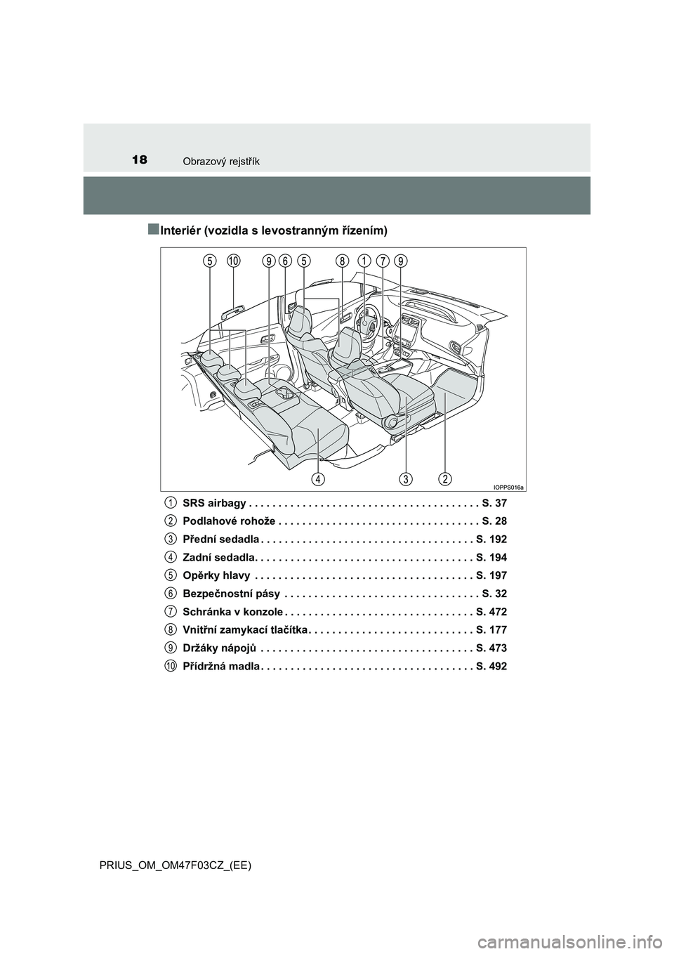 TOYOTA PRIUS 2022 Návod na použití (in Czech) 18Obrazový rejstřík
PRIUS_OM_OM47F03CZ_(EE)
■Interiér (vozidla s levostranným řízením)
SRS airbagy . . . . . . . . . . . . . . . . . . . . . . . . . . . . . . . . . . . . . . . S. 37
Podlah TOYOTA PRIUS 2022 Návod na použití (in Czech) 18Obrazový rejstřík
PRIUS_OM_OM47F03CZ_(EE)
■Interiér (vozidla s levostranným řízením)
SRS airbagy . . . . . . . . . . . . . . . . . . . . . . . . . . . . . . . . . . . . . . . S. 37
Podlah